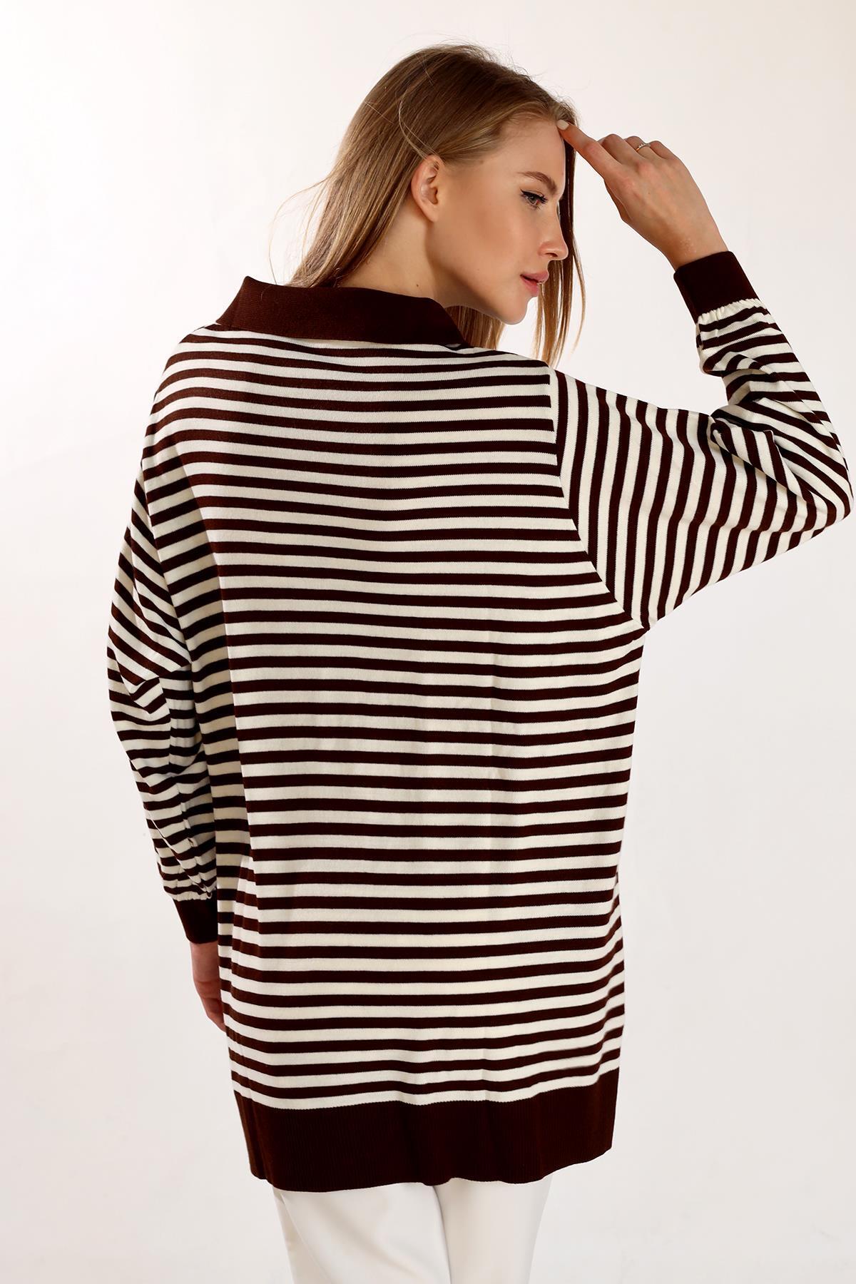 Acı Kahve İnce Çizgi Polo Yaka Tunik 5345 - 5