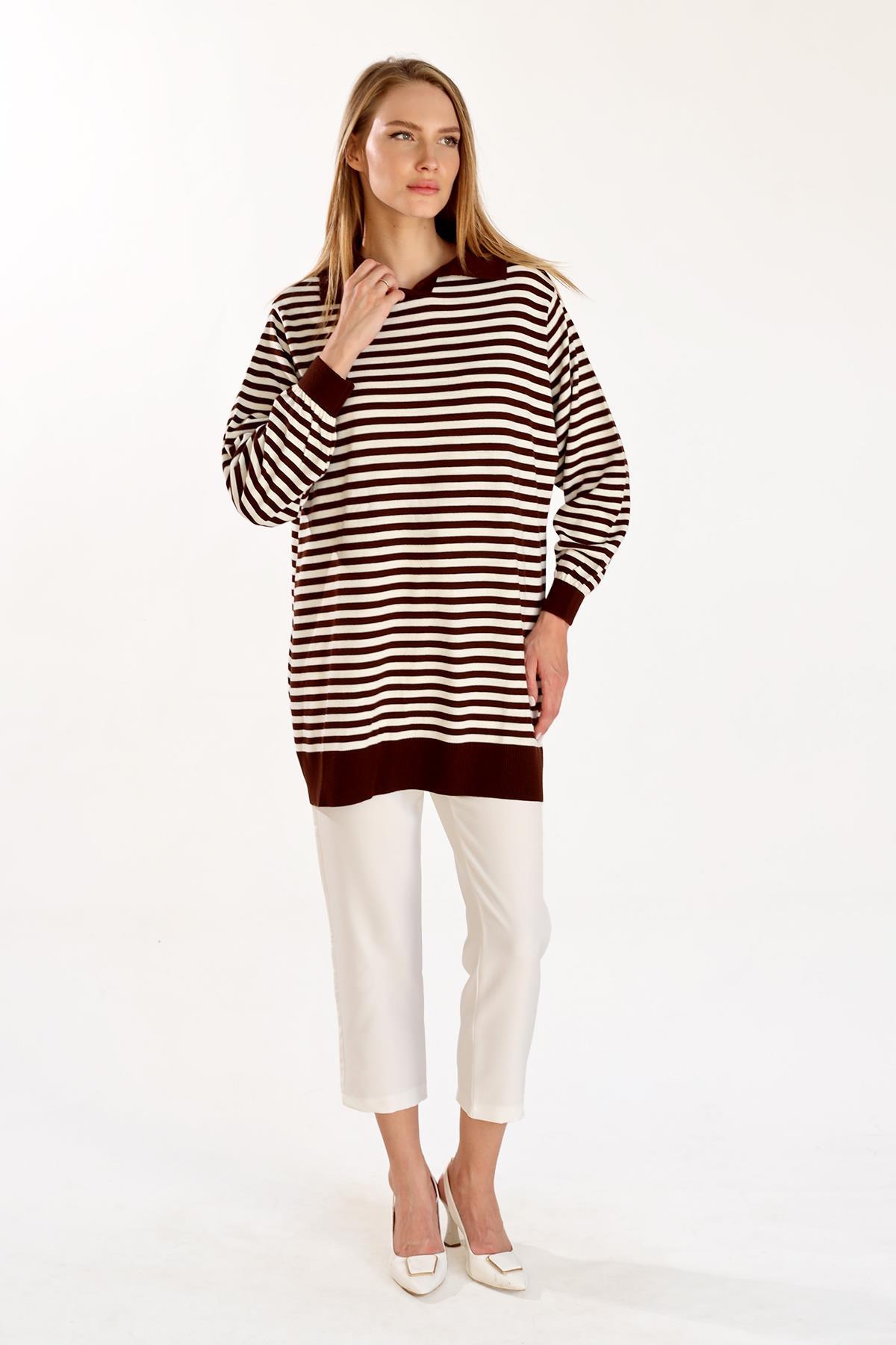 Acı Kahve İnce Çizgi Polo Yaka Tunik 5345 - 6