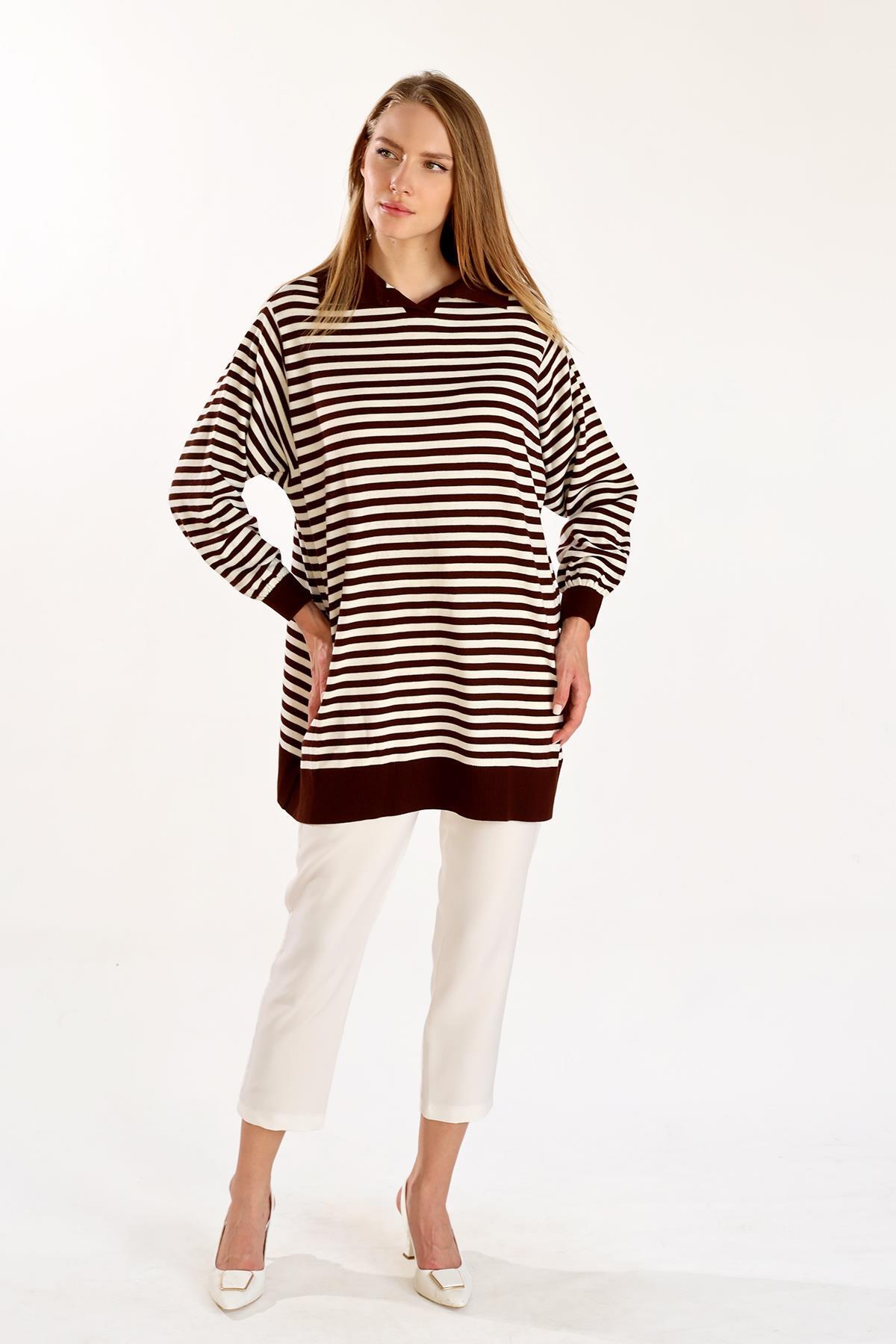 Acı Kahve İnce Çizgi Polo Yaka Tunik 5345 - 8