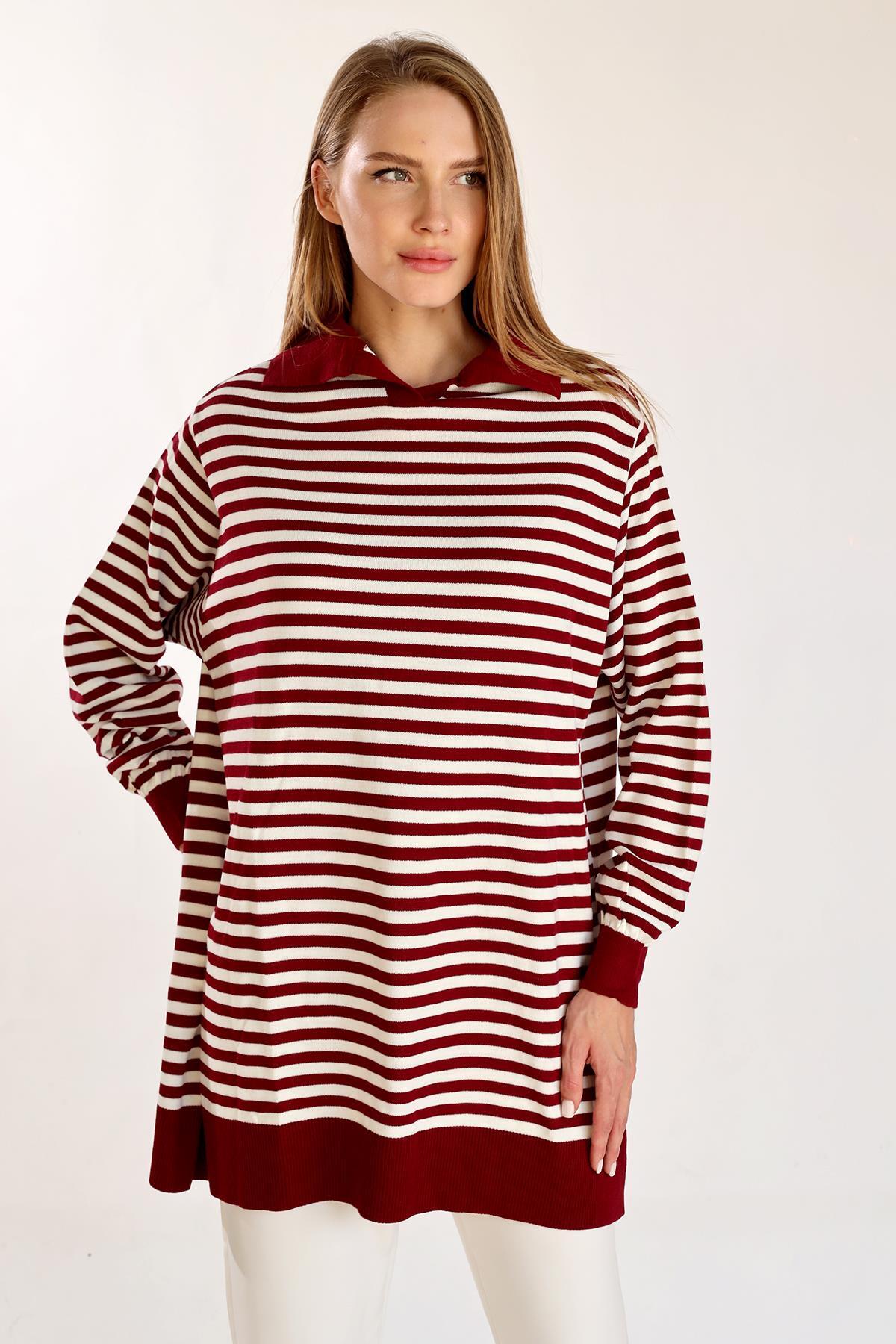 5345 İnce Çizgi Polo Yaka Tunik Bordo - 1