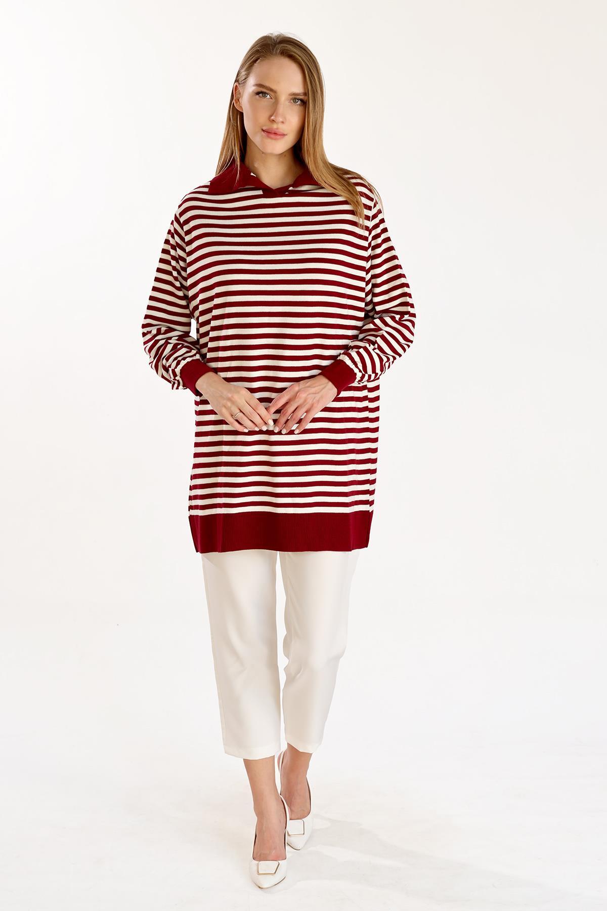 5345 İnce Çizgi Polo Yaka Tunik Bordo - 2