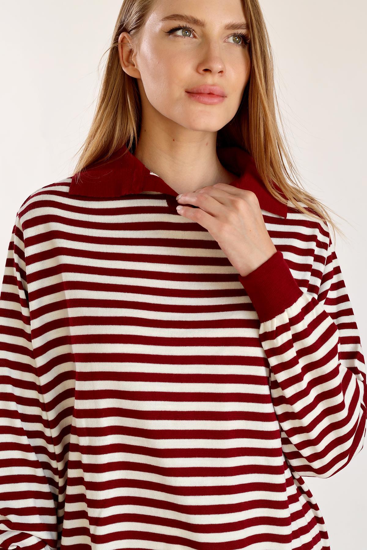 5345 İnce Çizgi Polo Yaka Tunik Bordo - 3