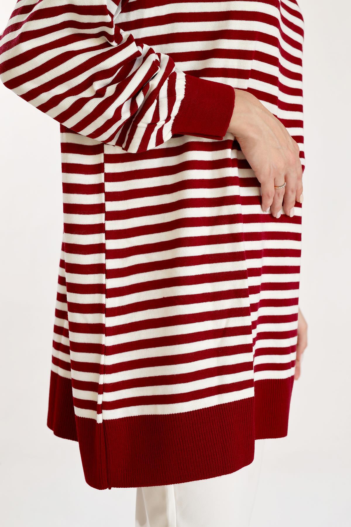 5345 İnce Çizgi Polo Yaka Tunik Bordo - 4