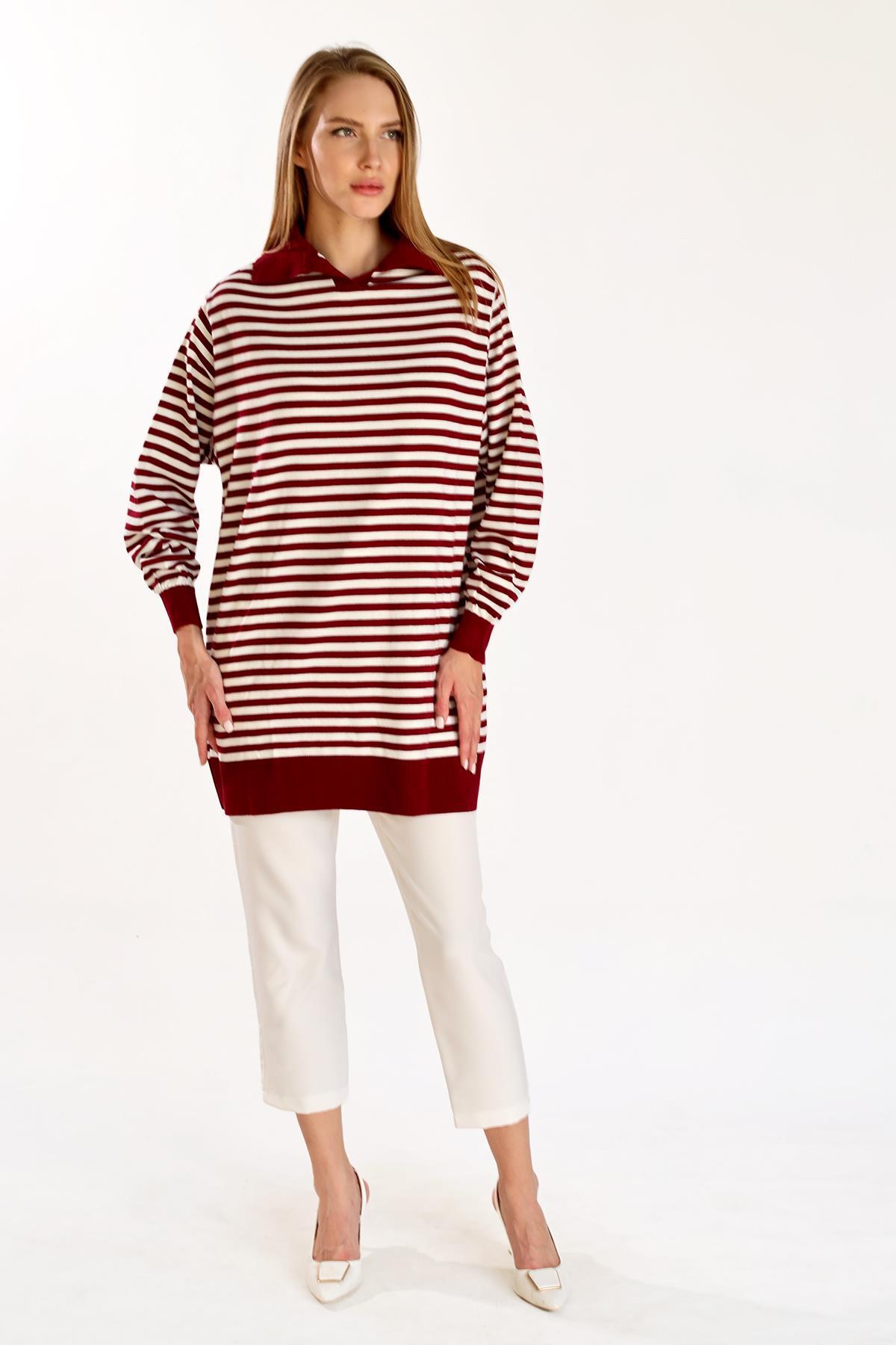 5345 İnce Çizgi Polo Yaka Tunik Bordo - 7