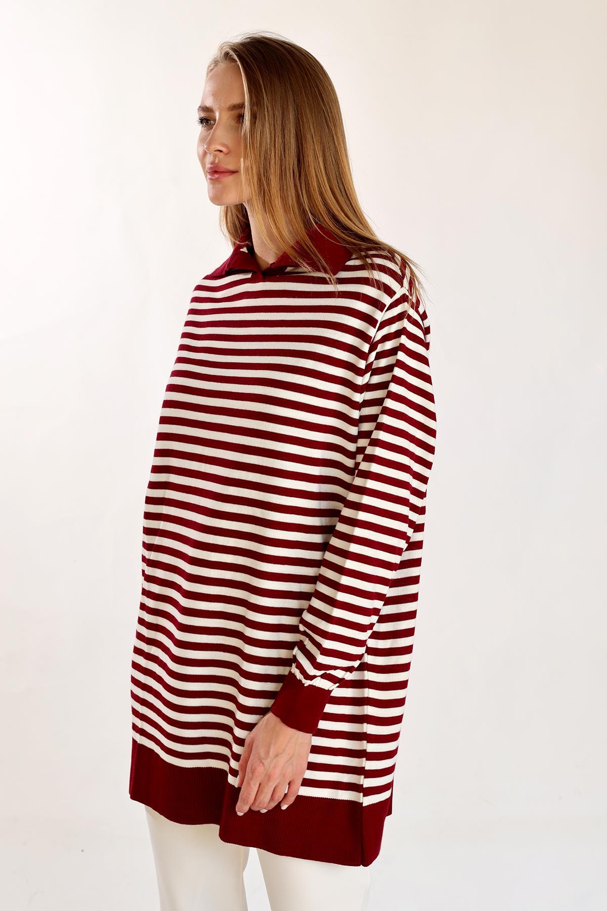 5345 İnce Çizgi Polo Yaka Tunik Bordo - 8