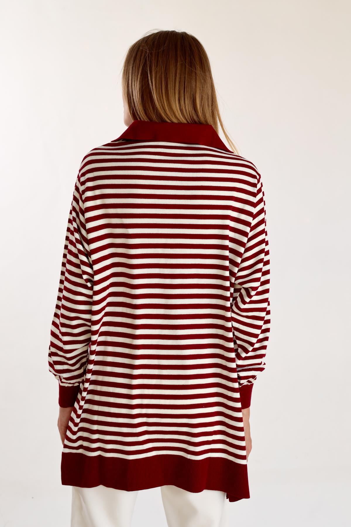 5345 İnce Çizgi Polo Yaka Tunik Bordo - 5