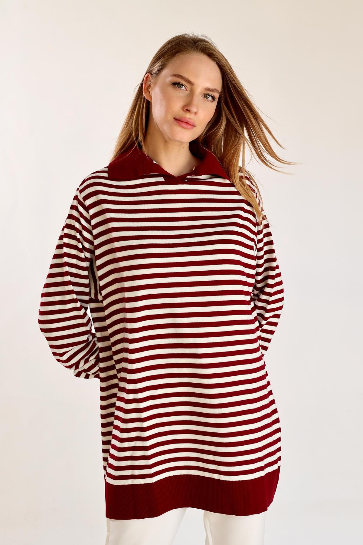 5345 İnce Çizgi Polo Yaka Tunik Bordo - 6