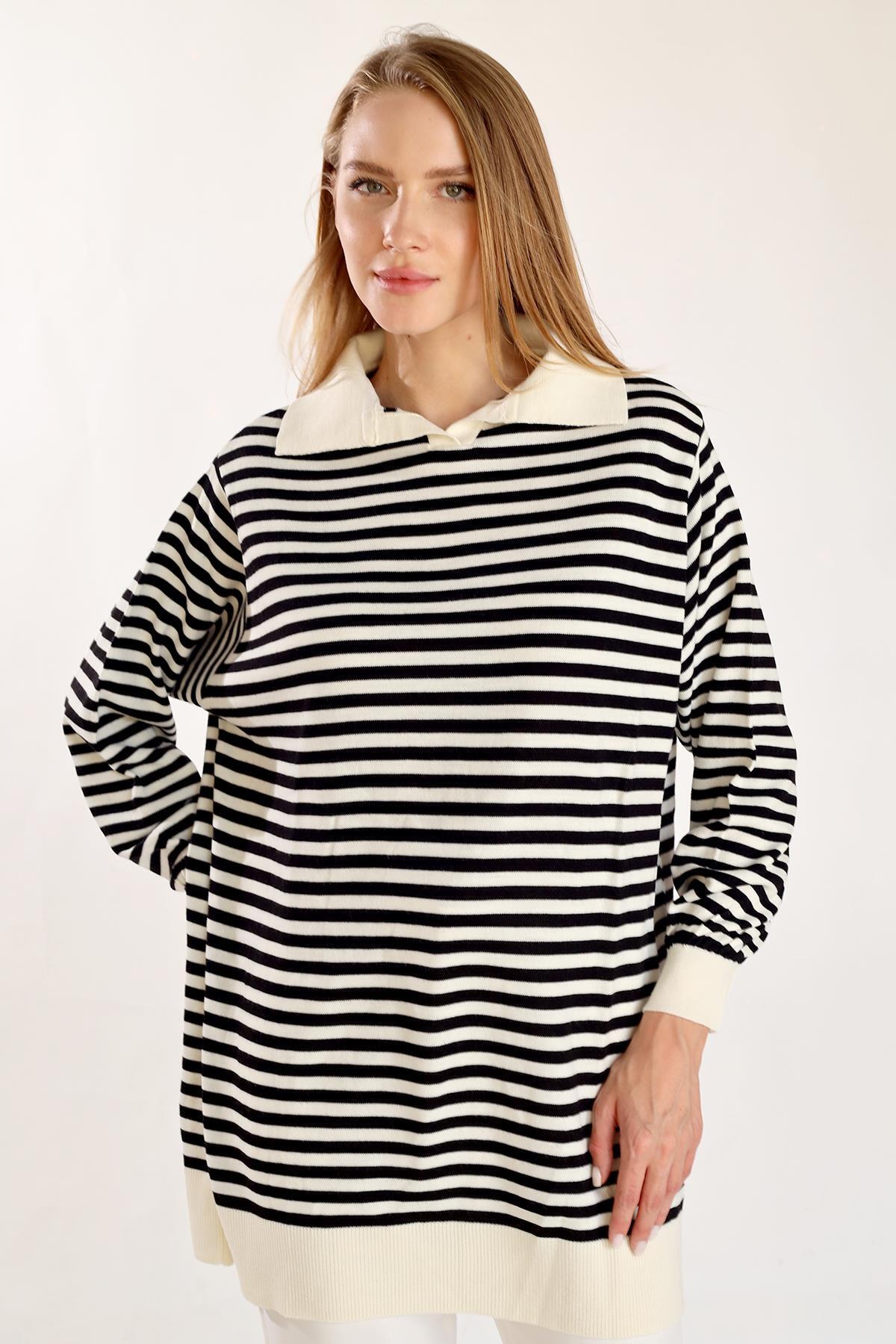 Ekru İnce Çizgi Polo Yaka Tunik 5345 