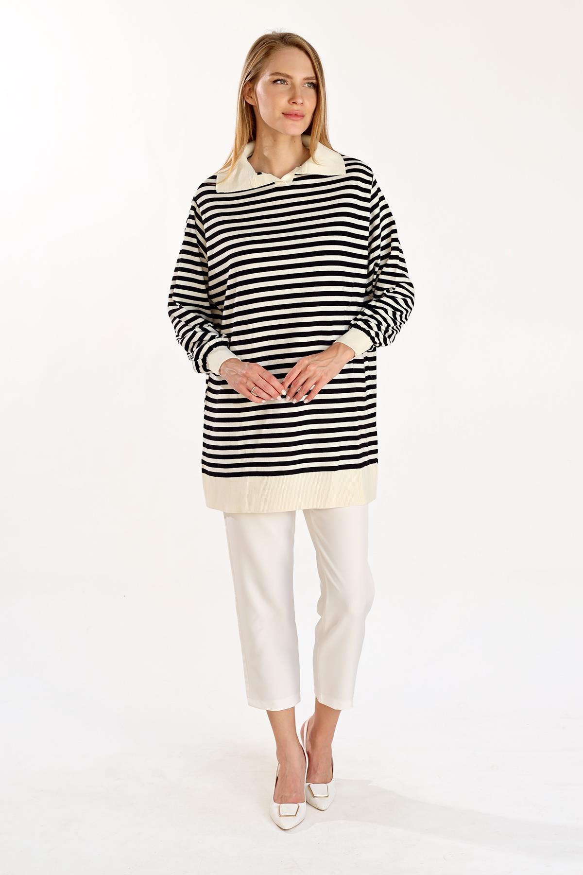 Ekru İnce Çizgi Polo Yaka Tunik 5345 - 2