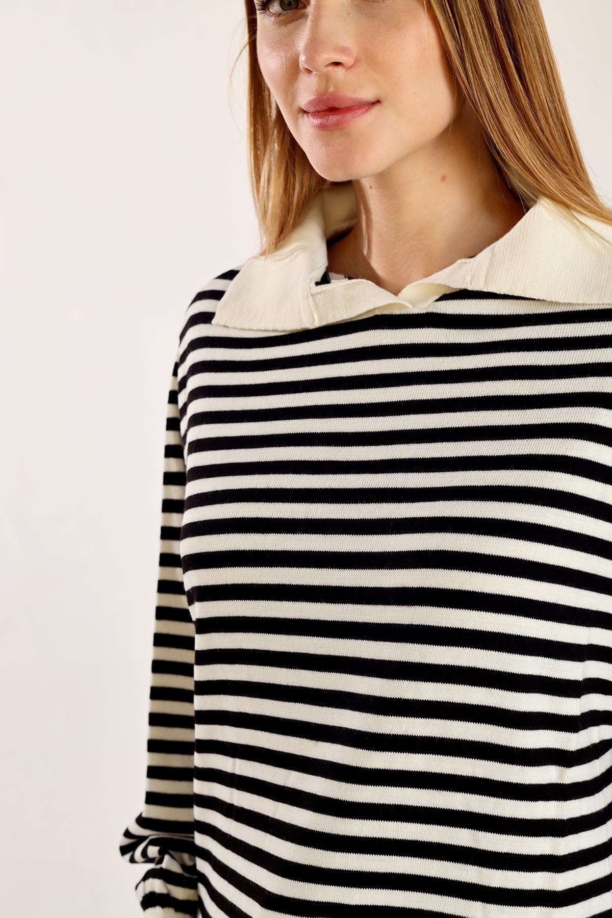 Ekru İnce Çizgi Polo Yaka Tunik 5345 - 4