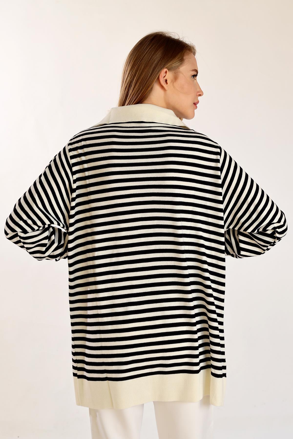 Ekru İnce Çizgi Polo Yaka Tunik 5345 - 5