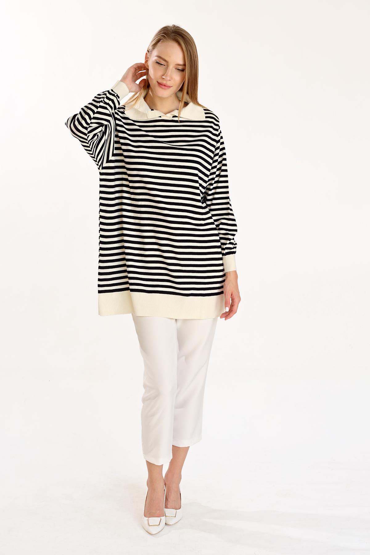 Ekru İnce Çizgi Polo Yaka Tunik 5345 - 6