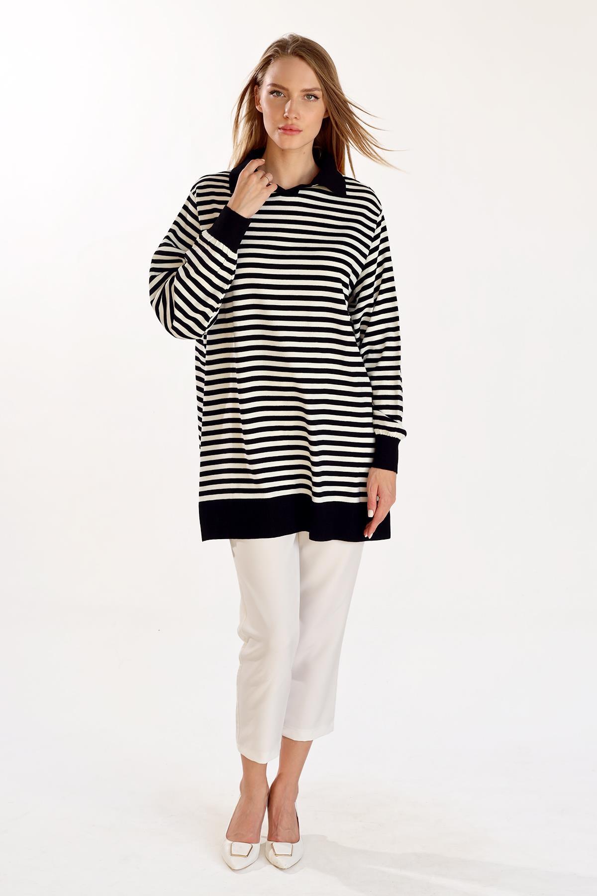 5345 İnce Çizgi Polo Yaka Tunik Siyah - RAYS