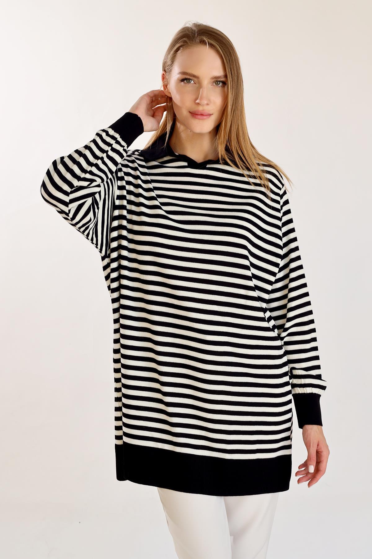 Siyah İnce Çizgi Polo Yaka Tunik 5345 - 1