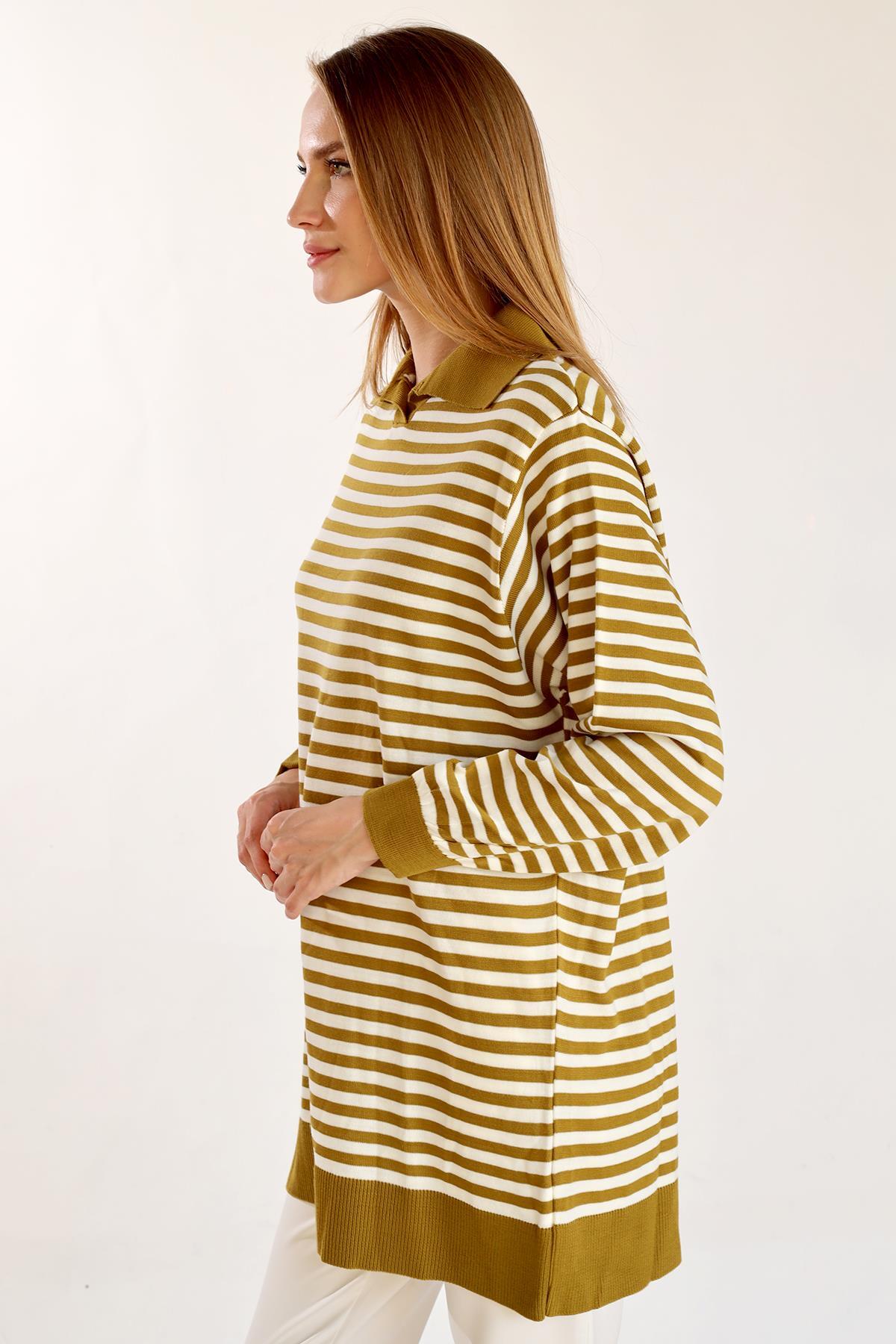 5345 İnce Çizgi Polo Yaka Tunik Yağ Yeşili - 2