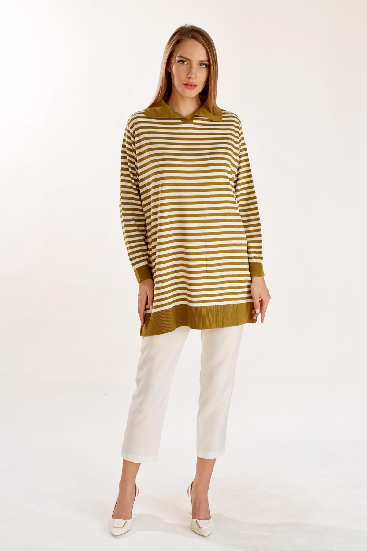 5345 İnce Çizgi Polo Yaka Tunik Yağ Yeşili 