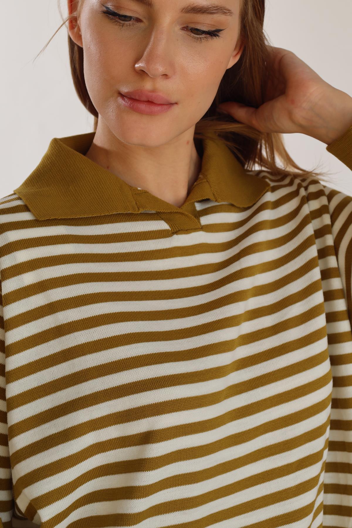 Yağ Yeşili İnce Çizgi Polo Yaka Tunik 5345 - 3