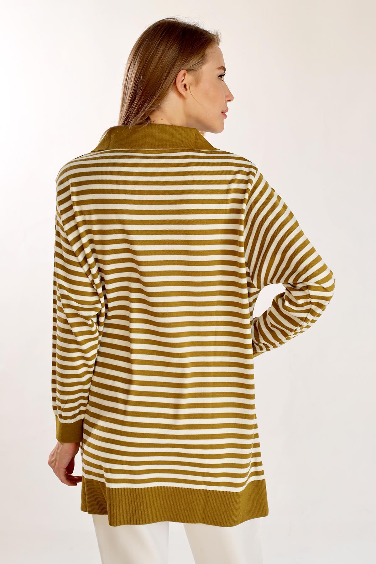 Yağ Yeşili İnce Çizgi Polo Yaka Tunik 5345 - 4