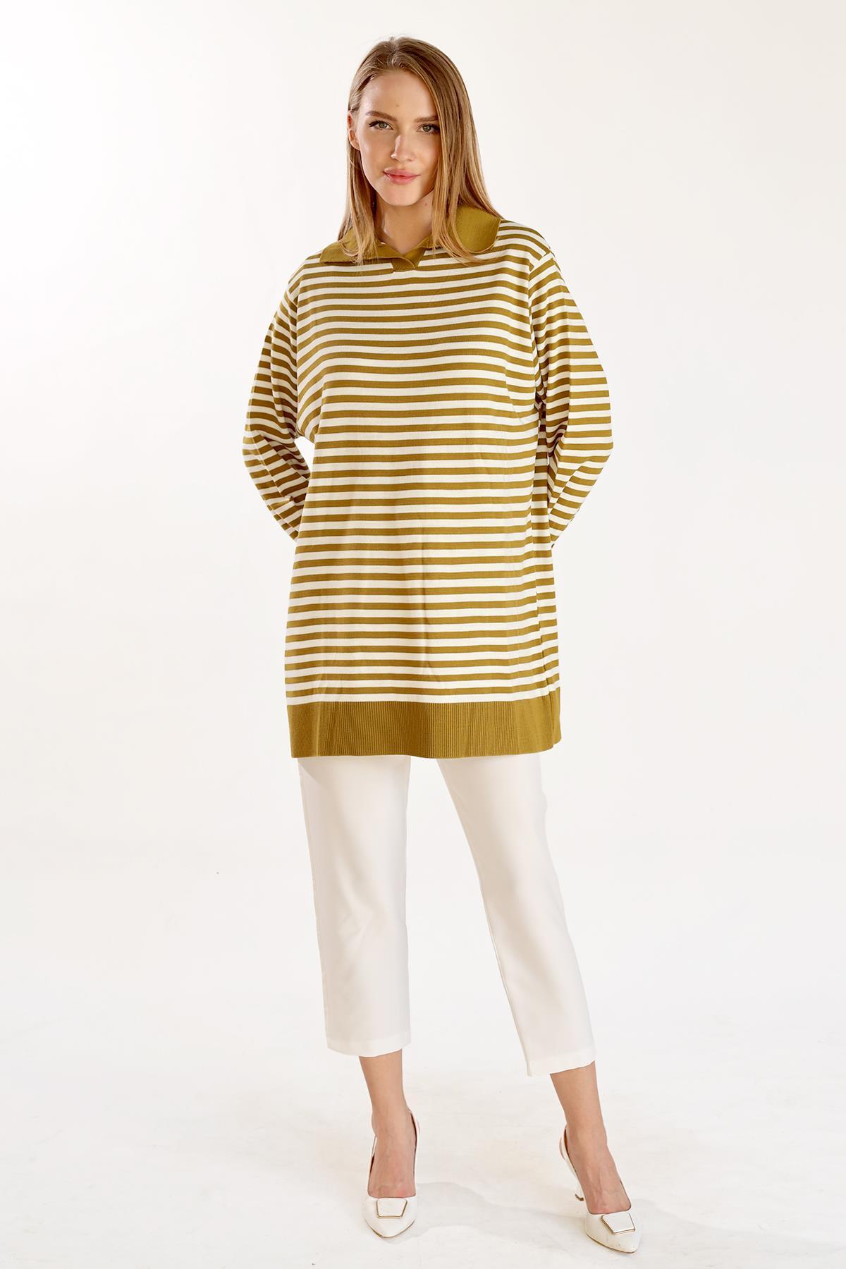 Yağ Yeşili İnce Çizgi Polo Yaka Tunik 5345 - 5