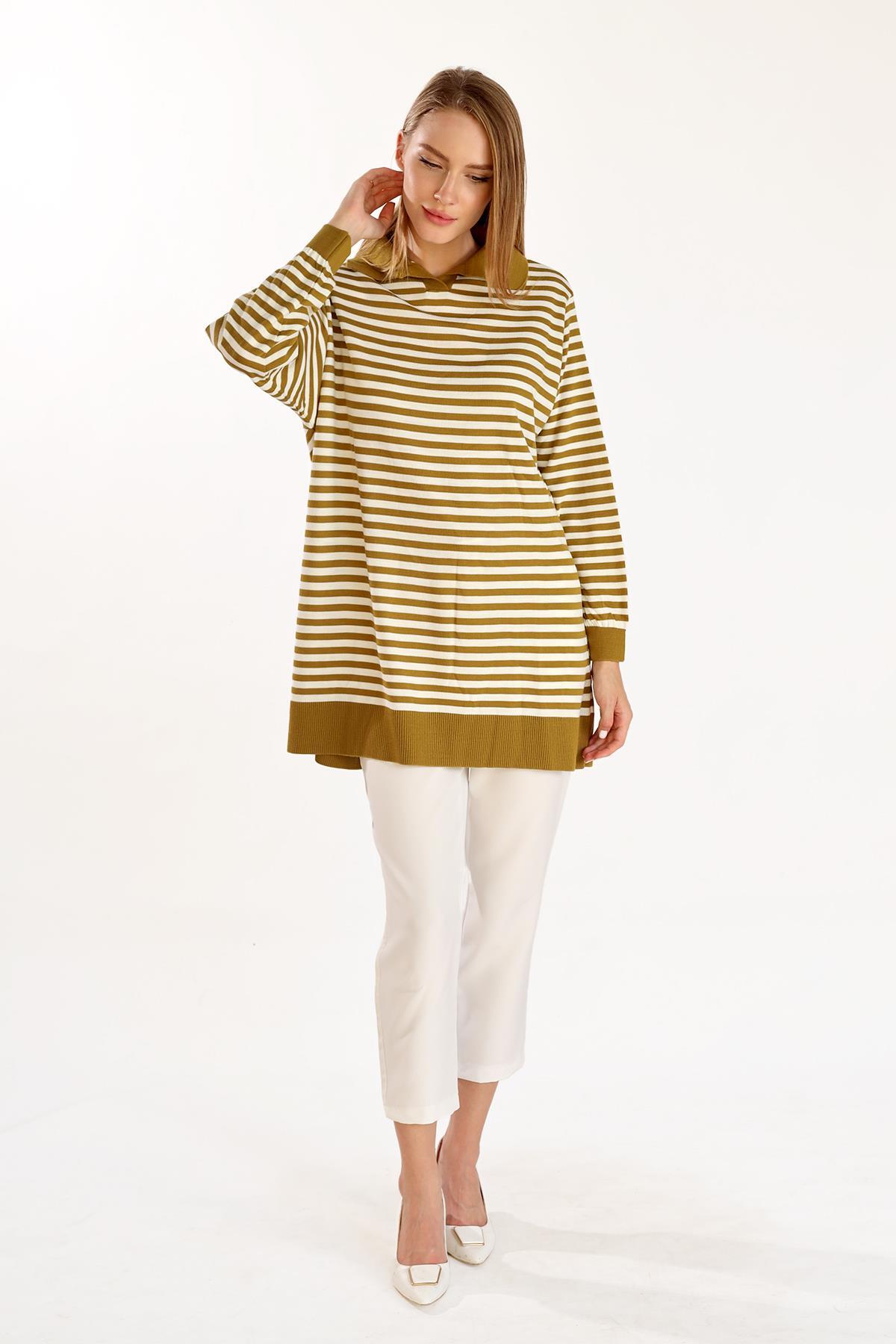 Yağ Yeşili İnce Çizgi Polo Yaka Tunik 5345 - 6