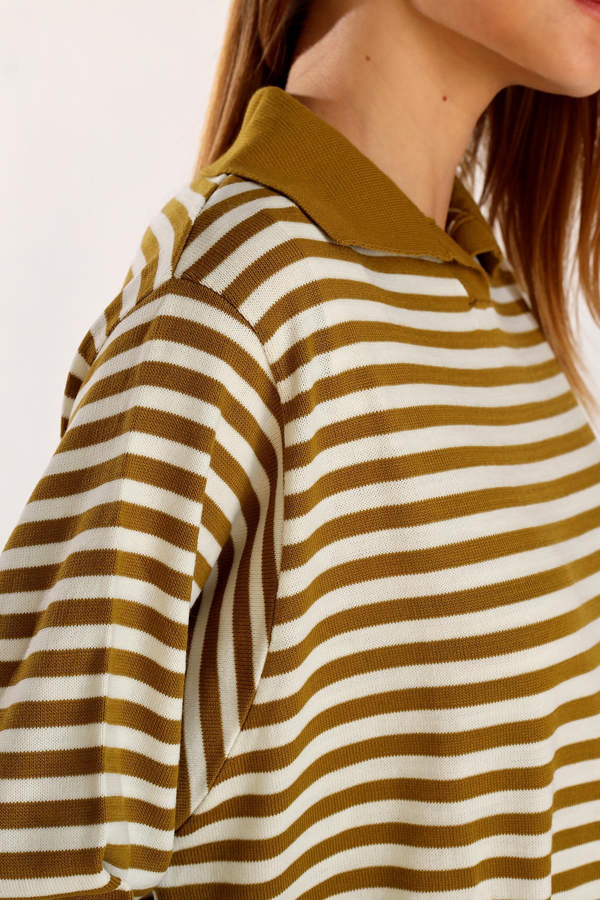 Yağ Yeşili İnce Çizgi Polo Yaka Tunik 5345 - 7