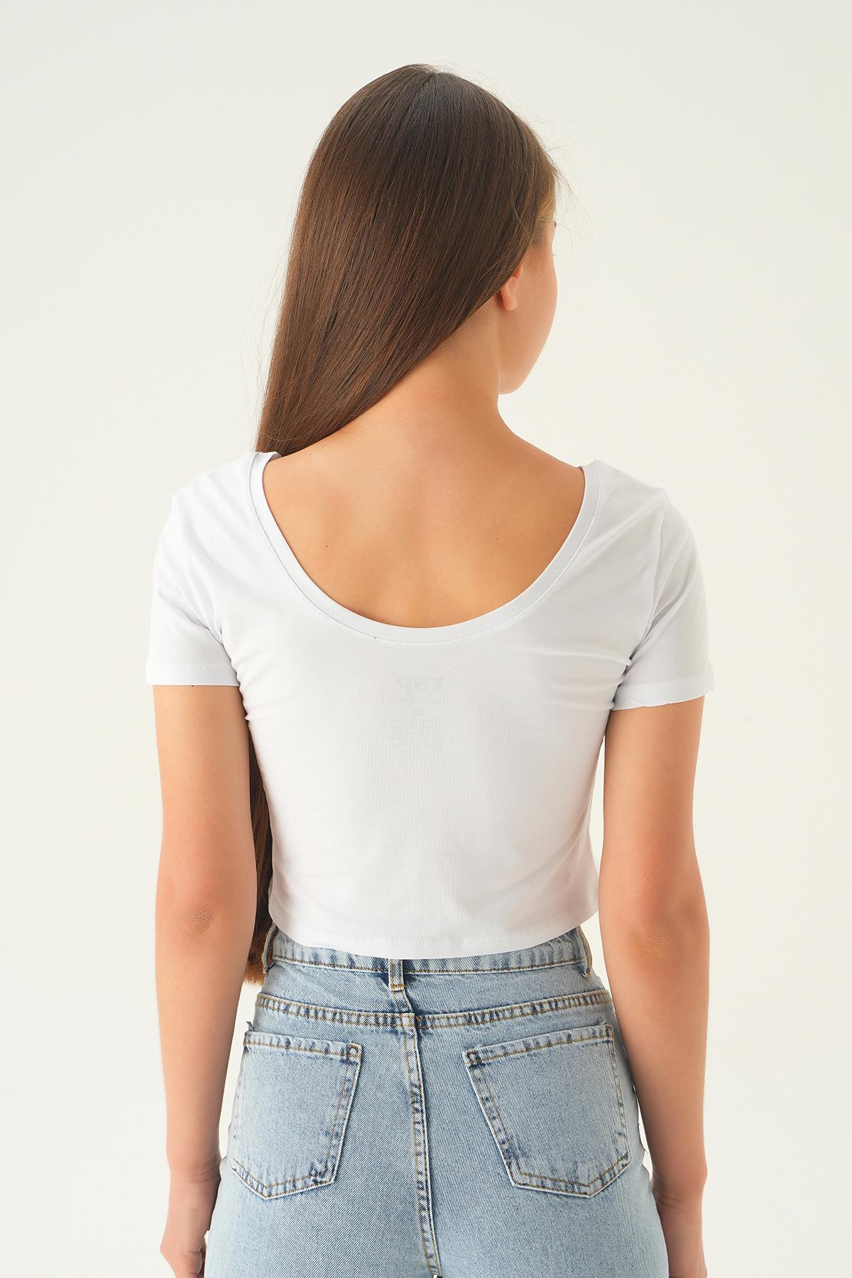 Beyaz Ön Arka U Yaka Kısa Tişört 537 - 5