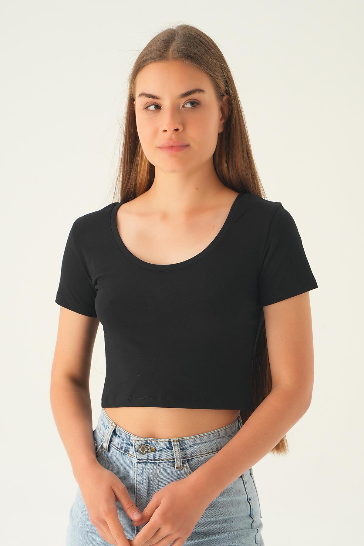Siyah Ön Arka U Yaka Kısa Tişört 537 - 3