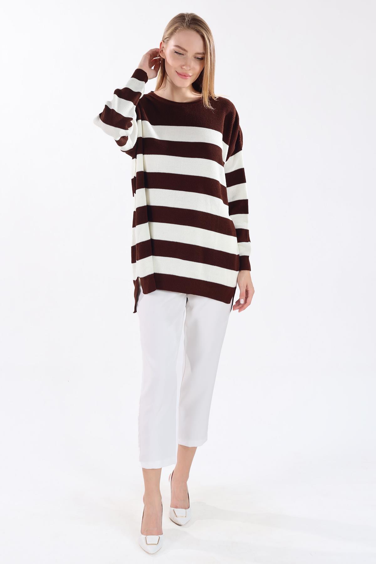 Bisiklet Yaka Çizgili Tunik 5380 Acı Kahve - 8