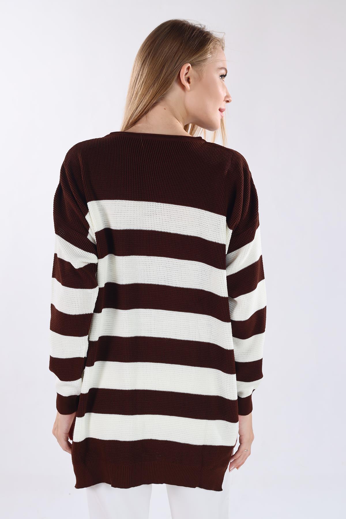 5380 Bisiklet Yaka Çizgili Tunik Acı Kahve - 5
