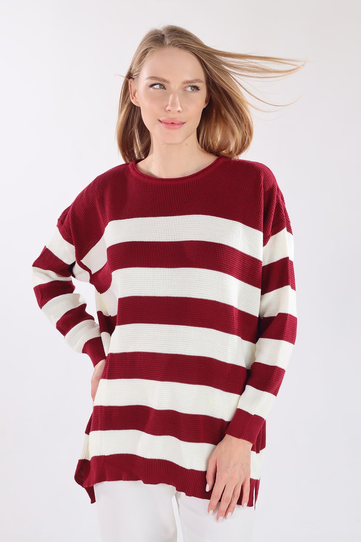 5380 Bisiklet Yaka Çizgili Tunik Bordo - 2