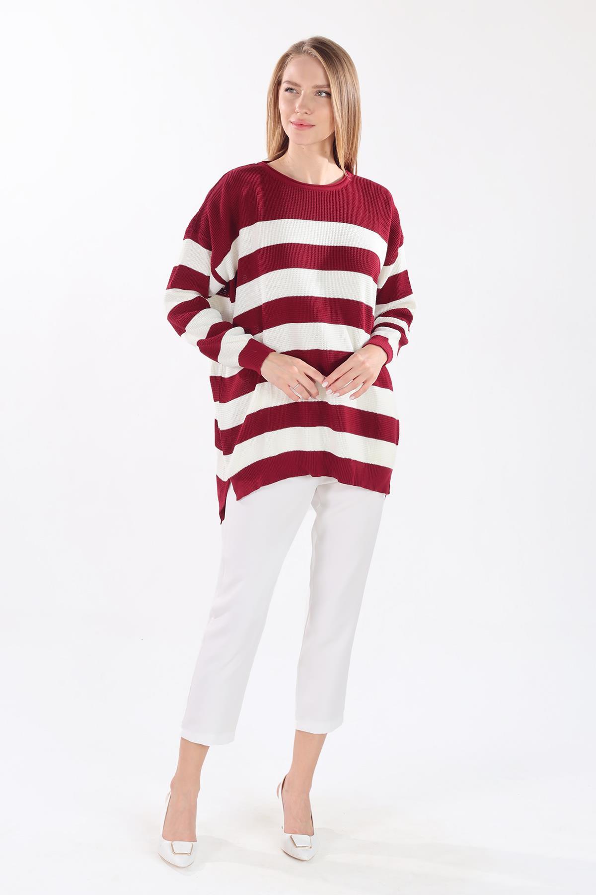5380 Bisiklet Yaka Çizgili Tunik Bordo - 3