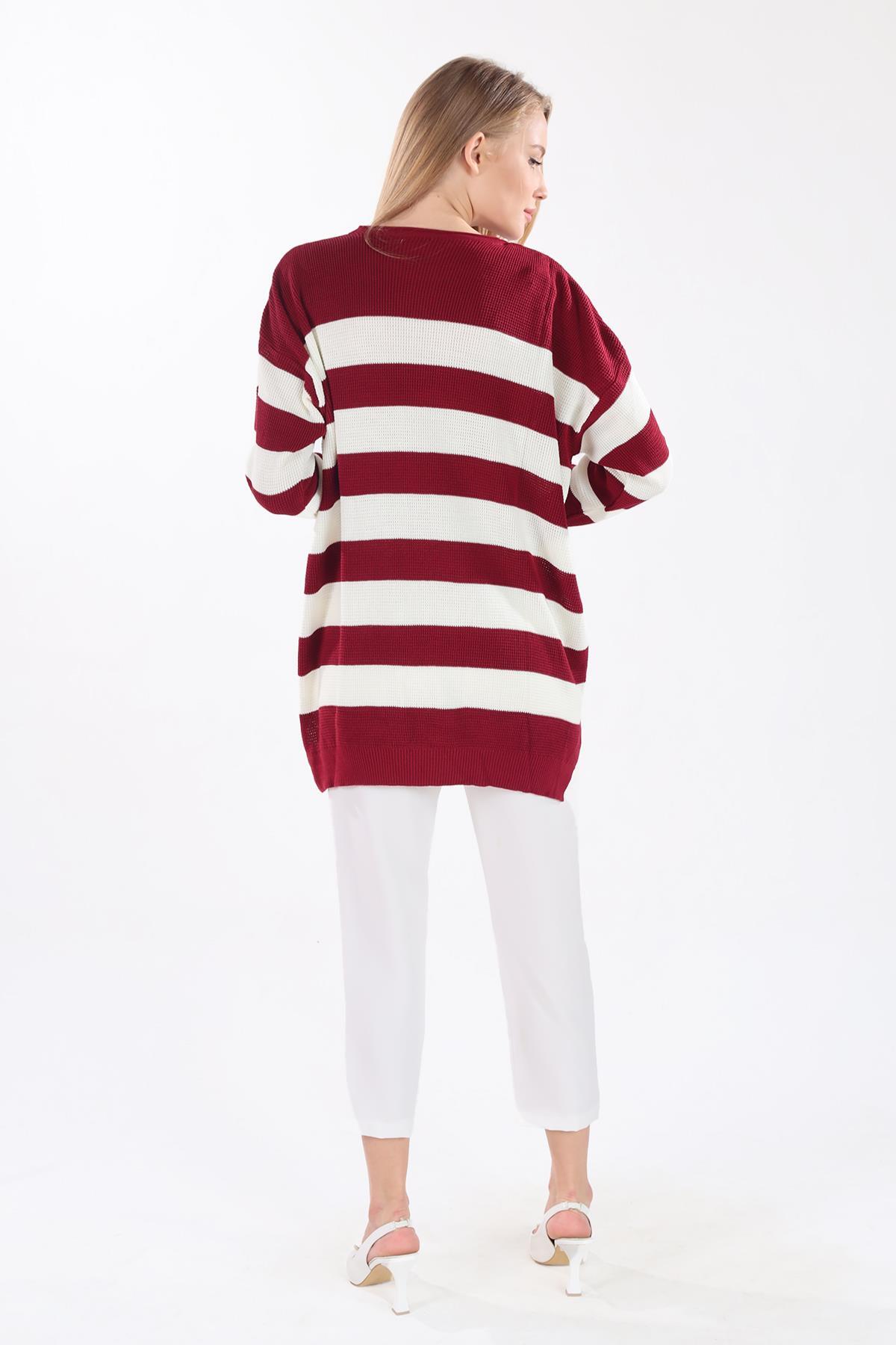 5380 Bisiklet Yaka Çizgili Tunik Bordo - 5