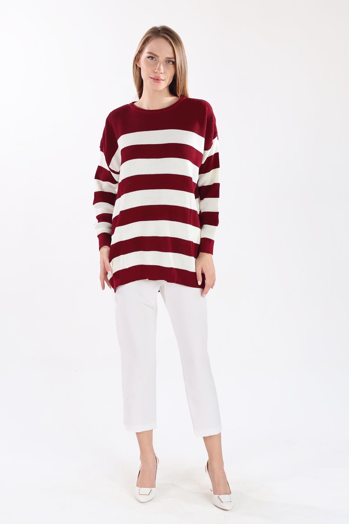 5380 Bisiklet Yaka Çizgili Tunik Bordo - 8