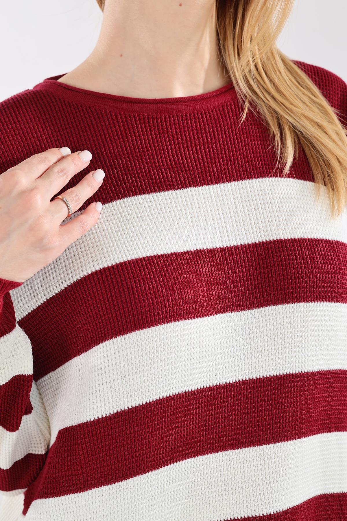 5380 Bisiklet Yaka Çizgili Tunik Bordo - 4