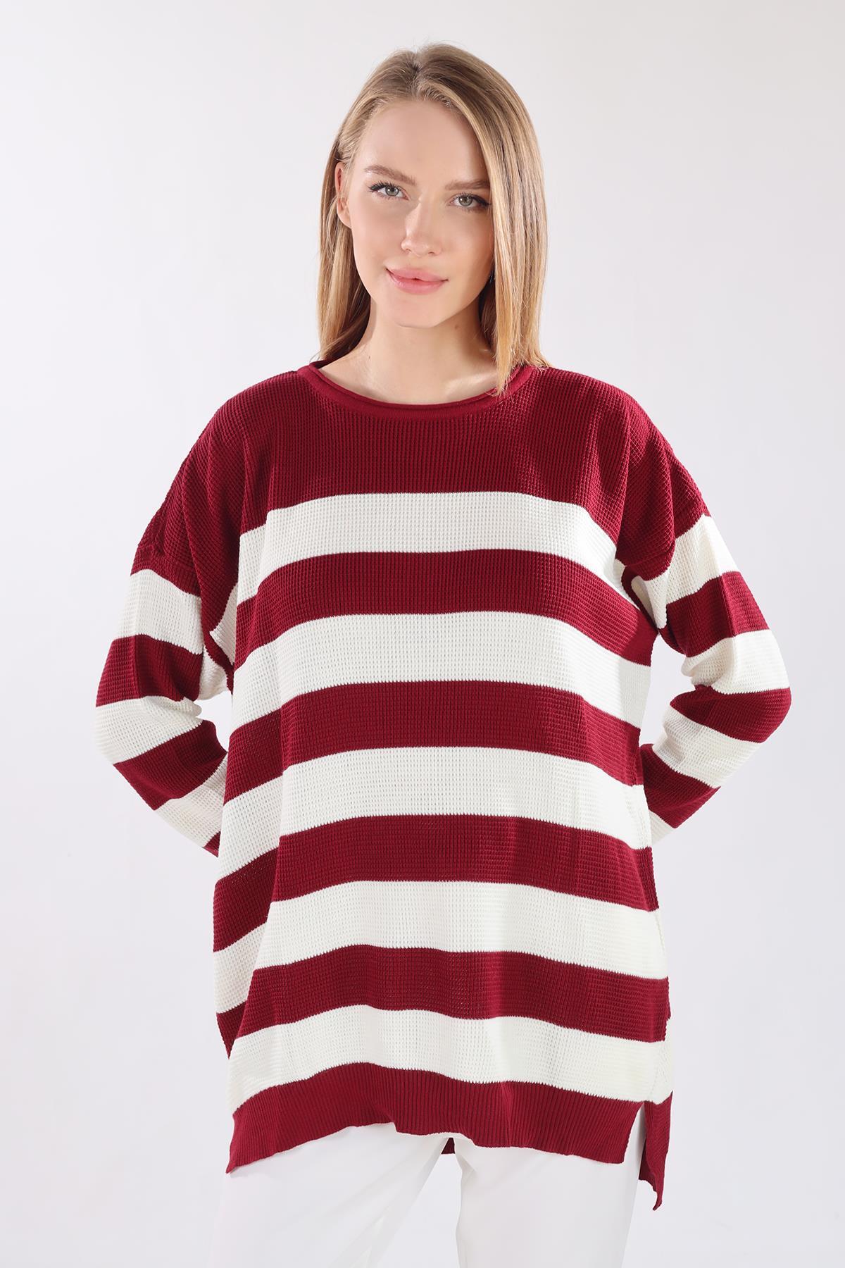 5380 Bisiklet Yaka Çizgili Tunik Bordo - 6