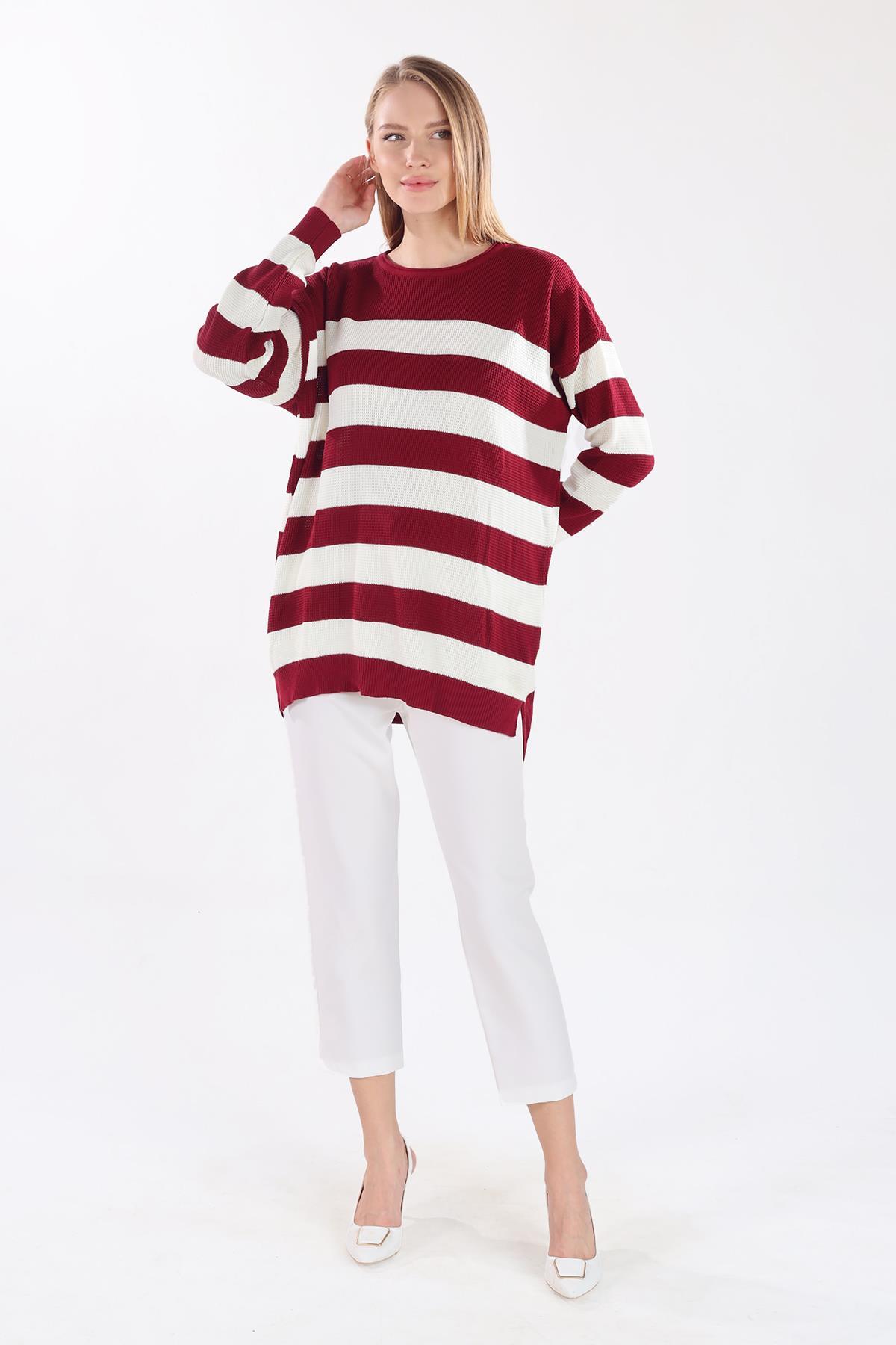 5380 Bisiklet Yaka Çizgili Tunik Bordo - 7