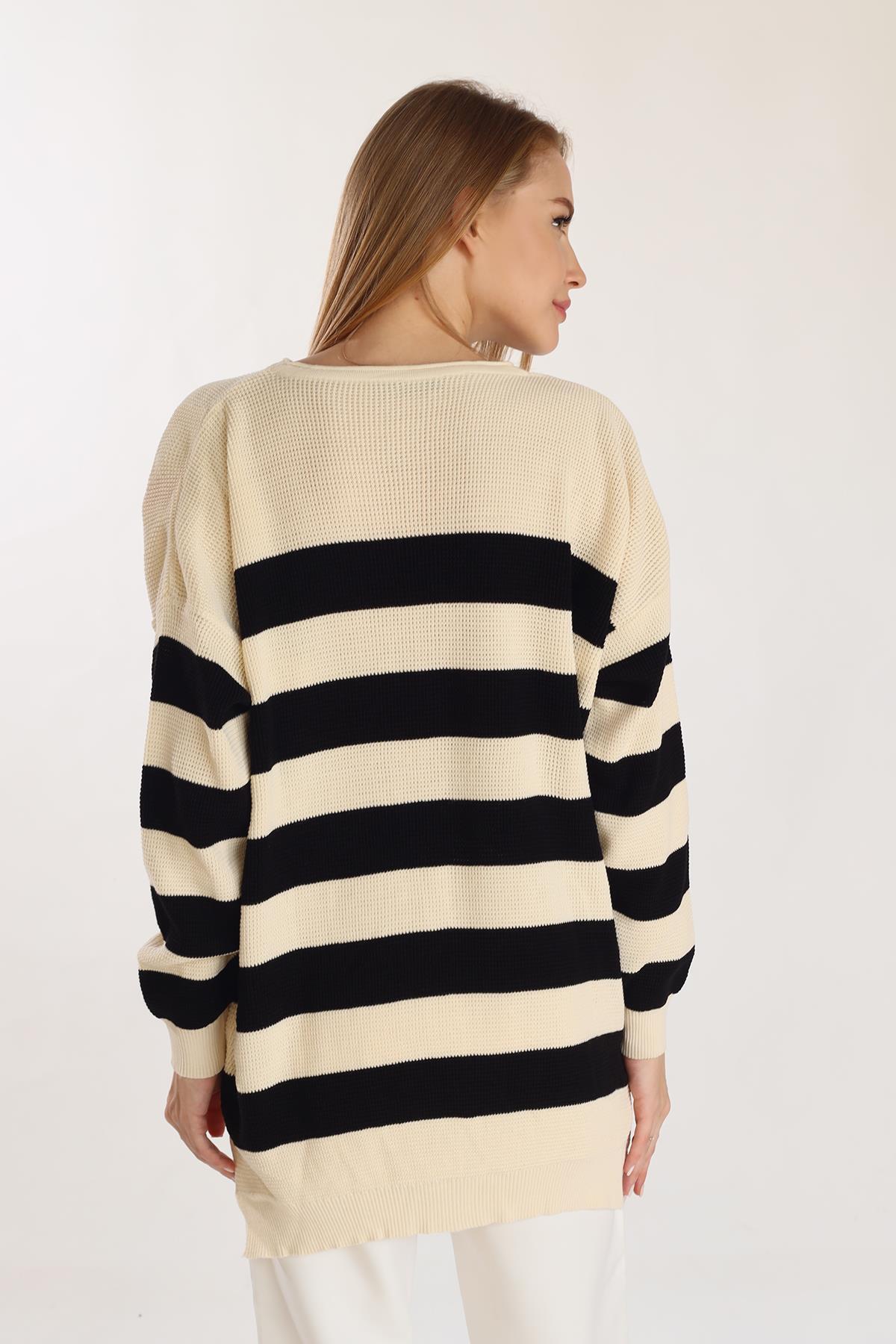 5380 Bisiklet Yaka Çizgili Tunik Ekru - 5