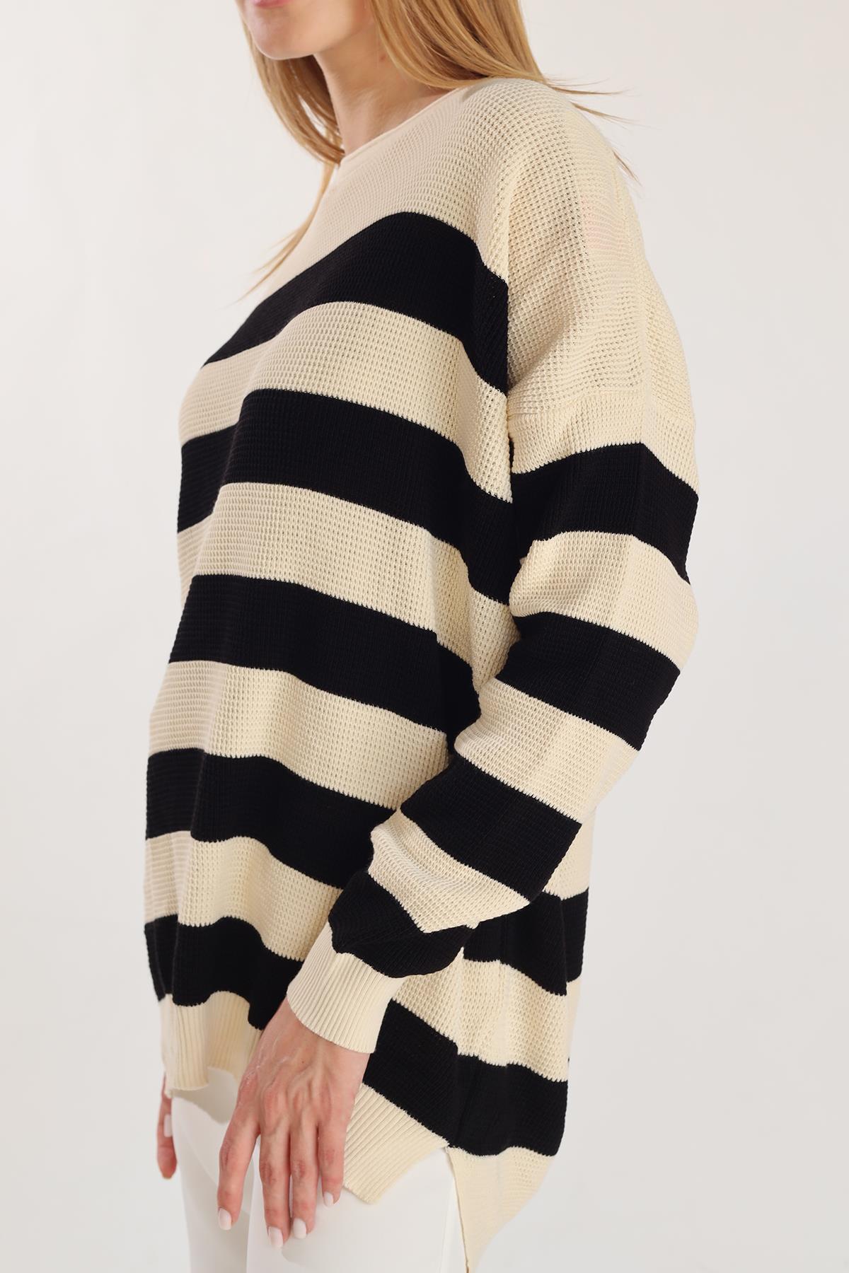 5380 Bisiklet Yaka Çizgili Tunik Ekru - 6