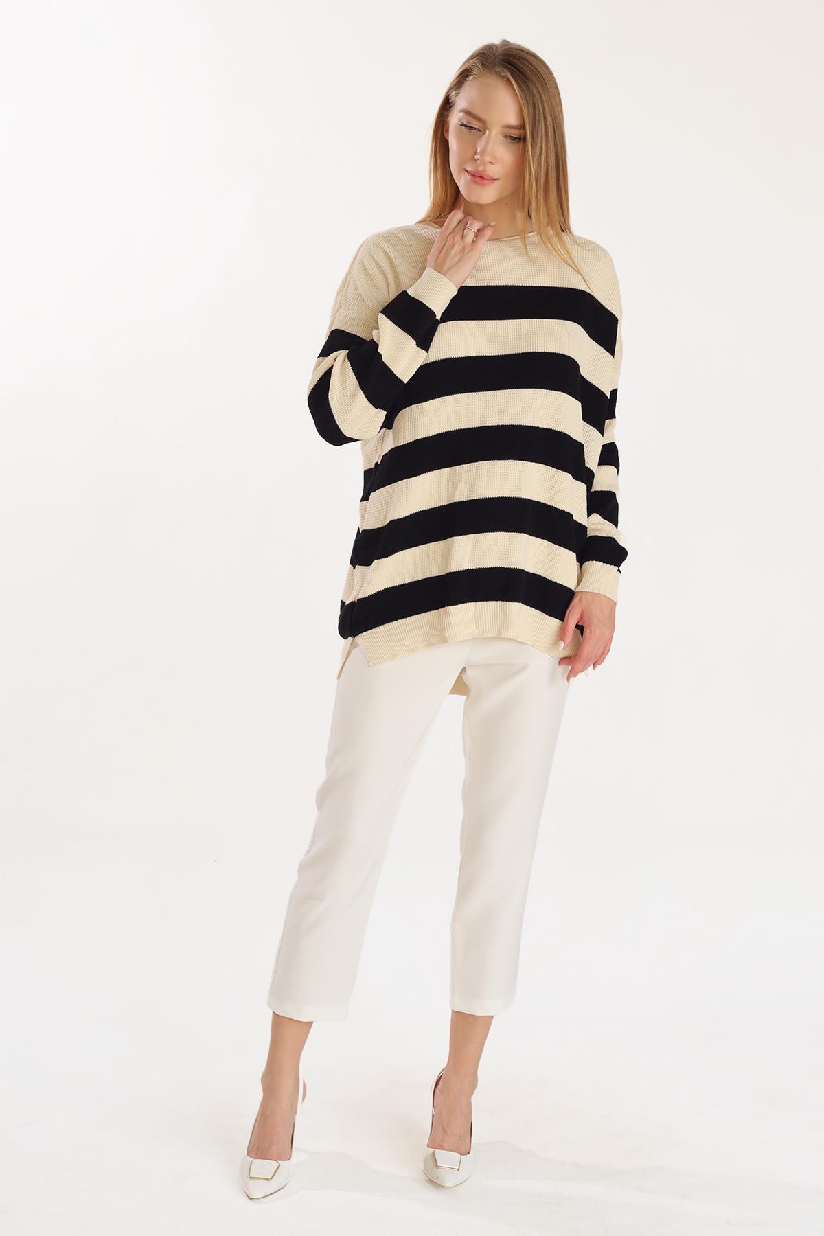 5380 Bisiklet Yaka Çizgili Tunik Ekru - RAYS