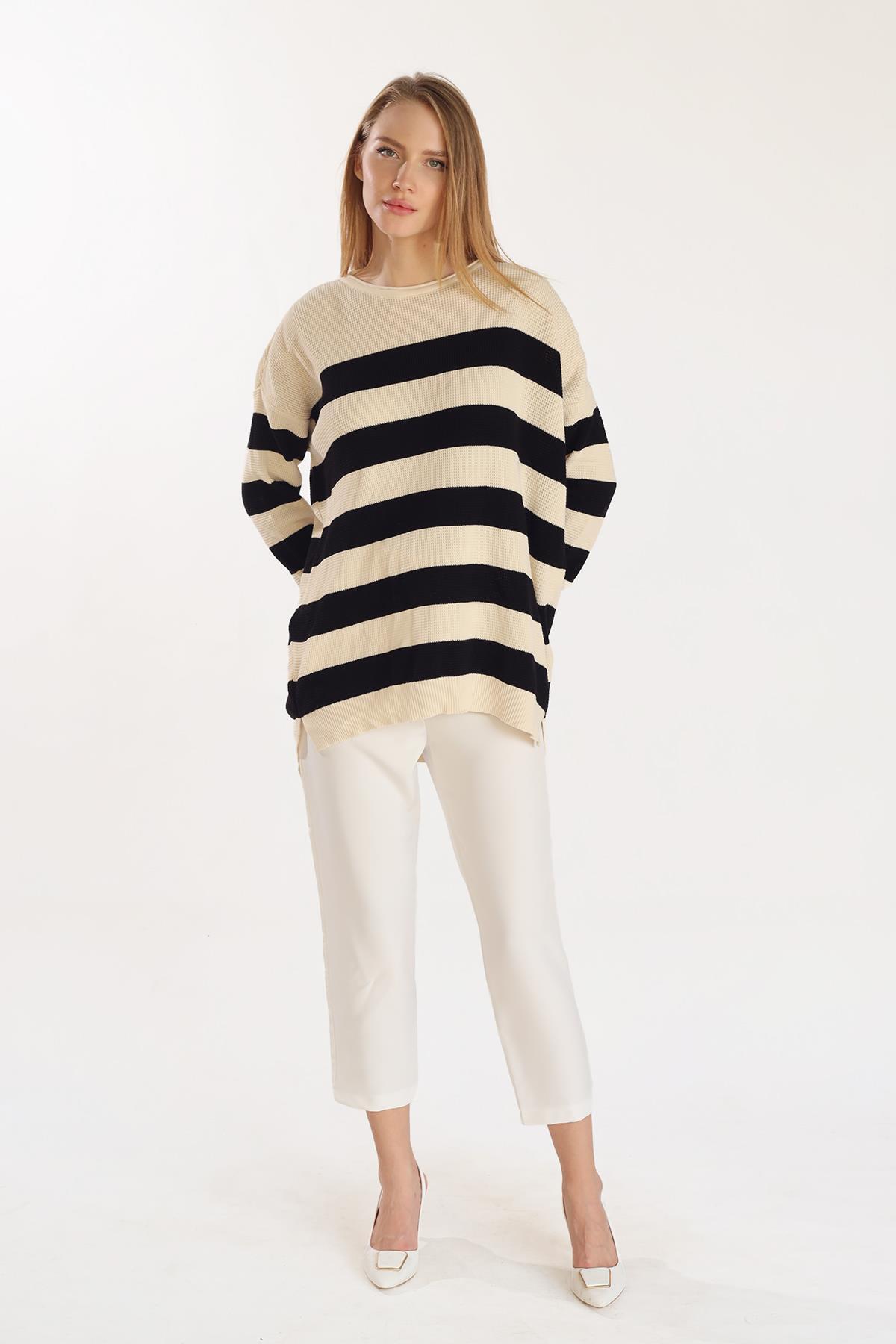 Ekru Bisiklet Yaka Çizgili Tunik 5380 - 8