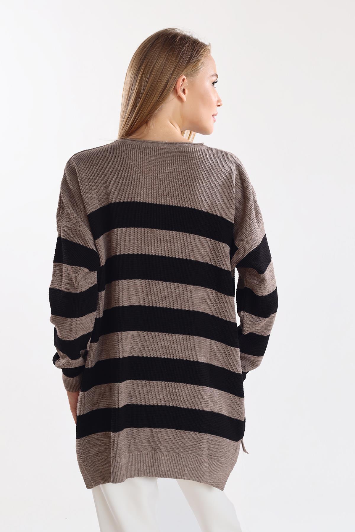Bisiklet Yaka Çizgili Tunik 5380 Vizon - 5