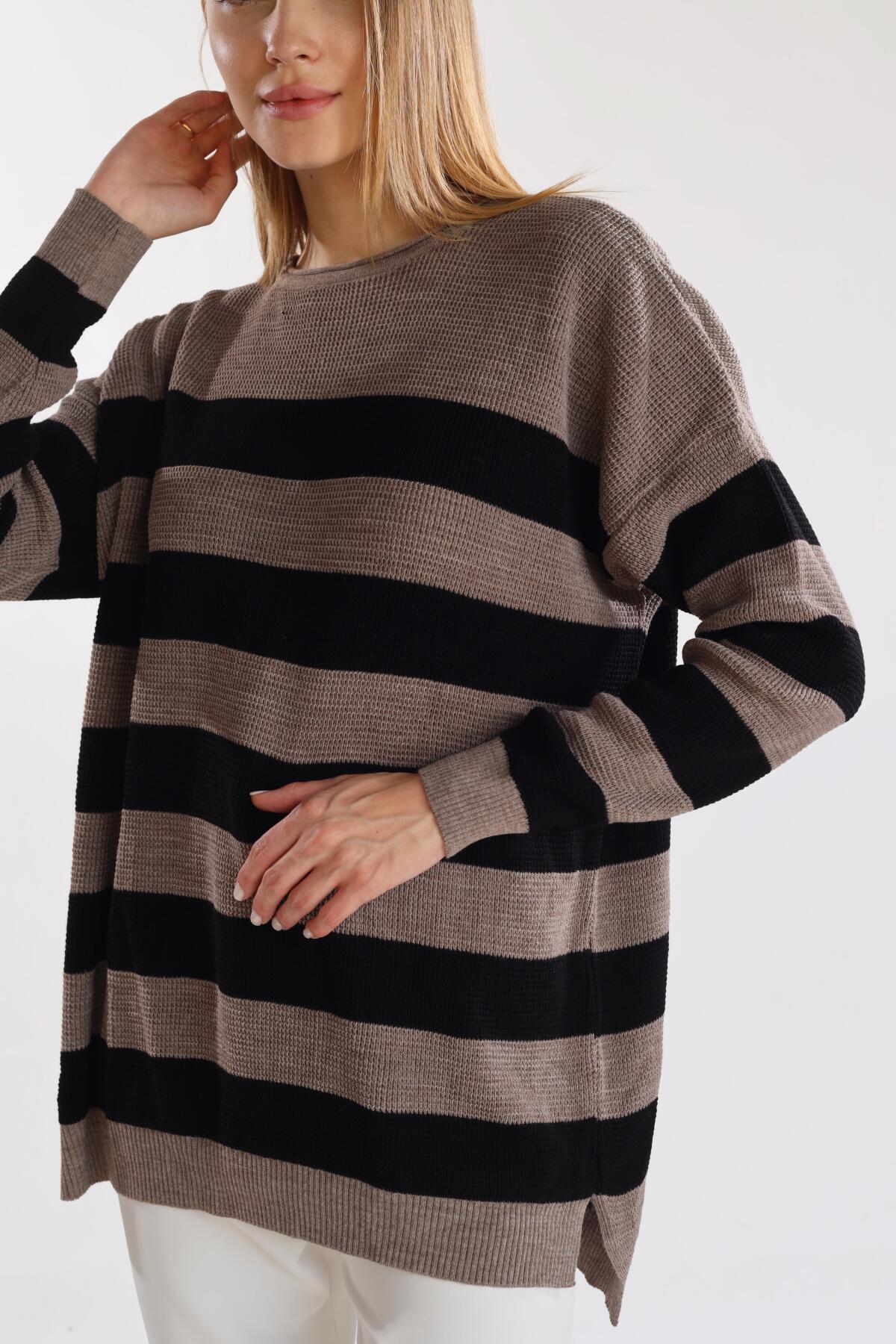 Bisiklet Yaka Çizgili Tunik 5380 Vizon - 6
