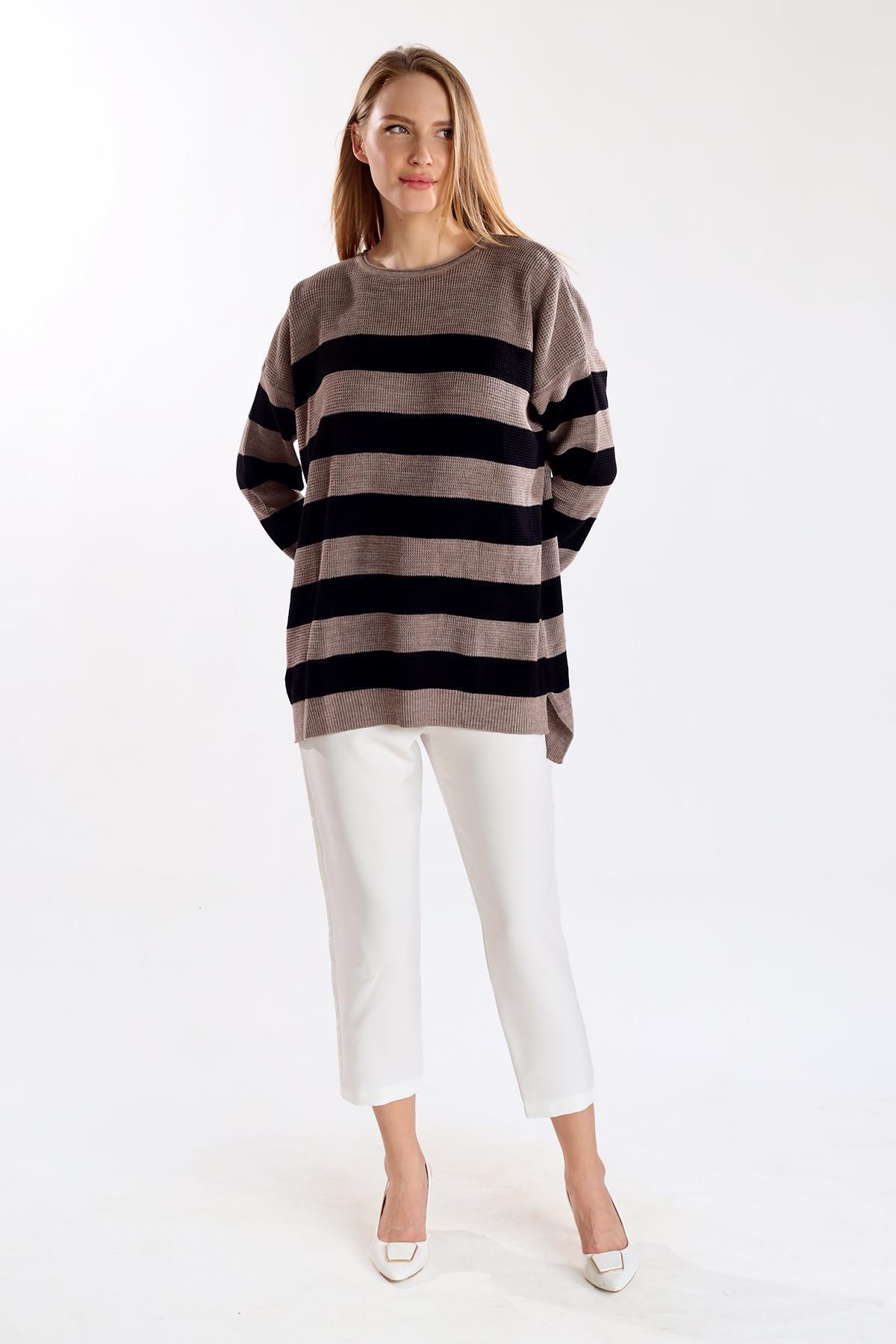 Bisiklet Yaka Çizgili Tunik 5380 Vizon - 7