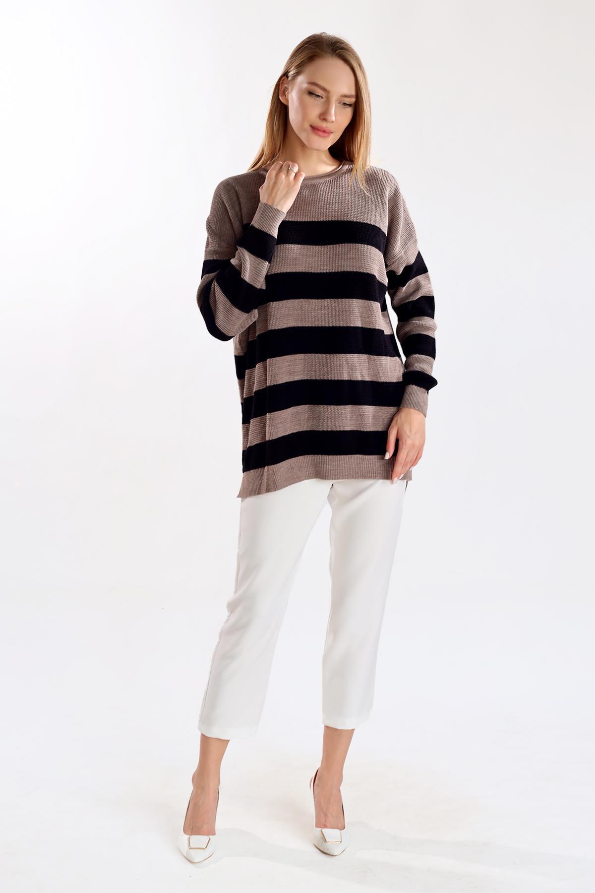 Bisiklet Yaka Çizgili Tunik 5380 Vizon - 8