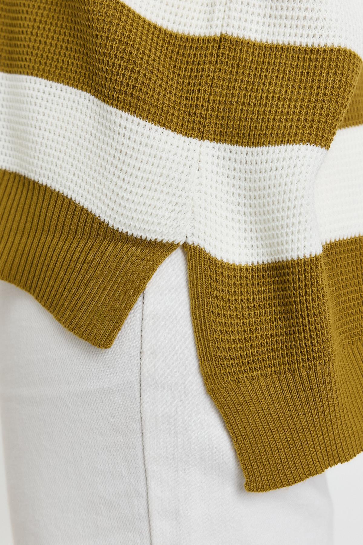 5380 Bisiklet Yaka Çizgili Kazak Yağ Yeşili - 6