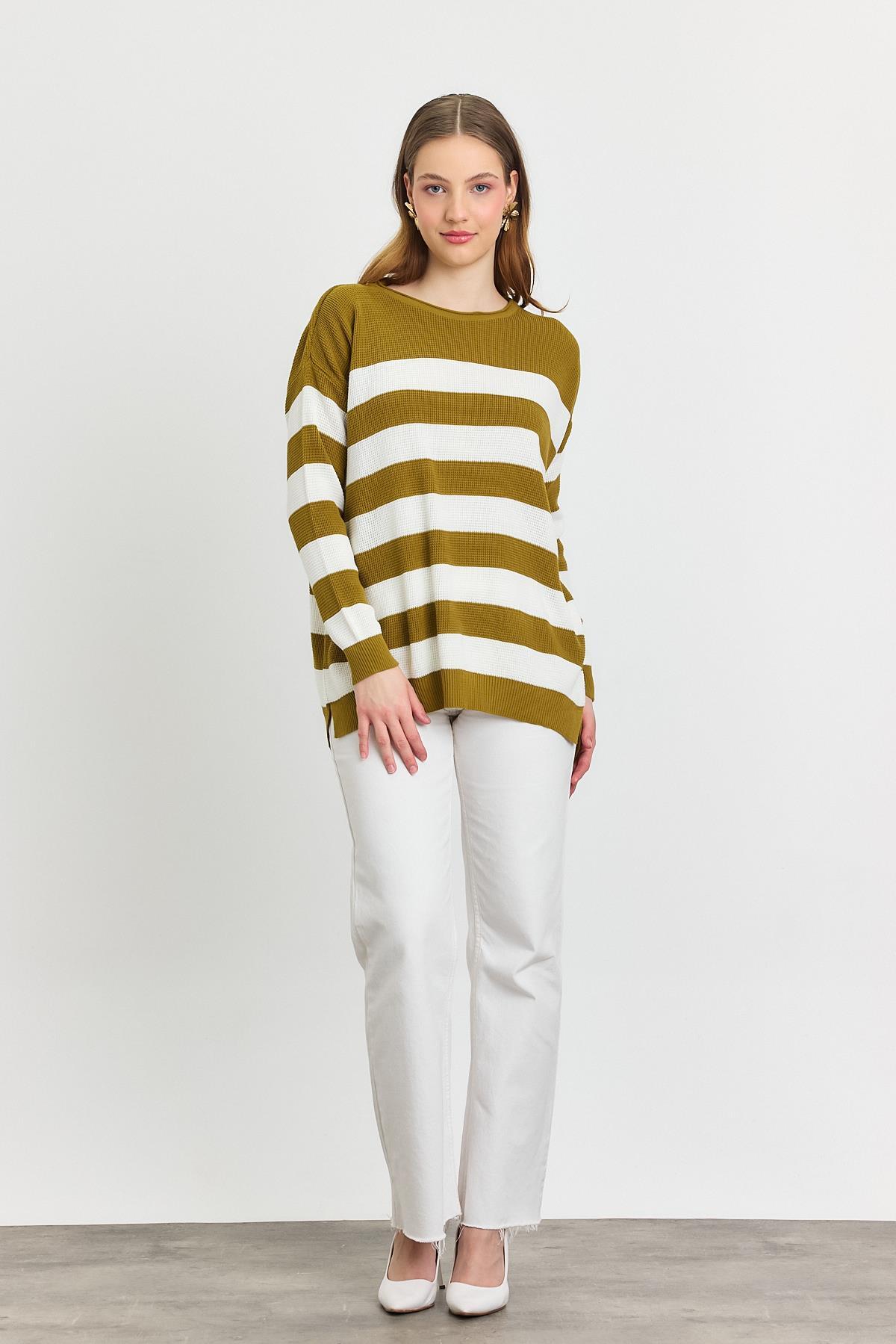 Yağ Yeşili Bisiklet Yaka Çizgili Tunik 5380 - 7