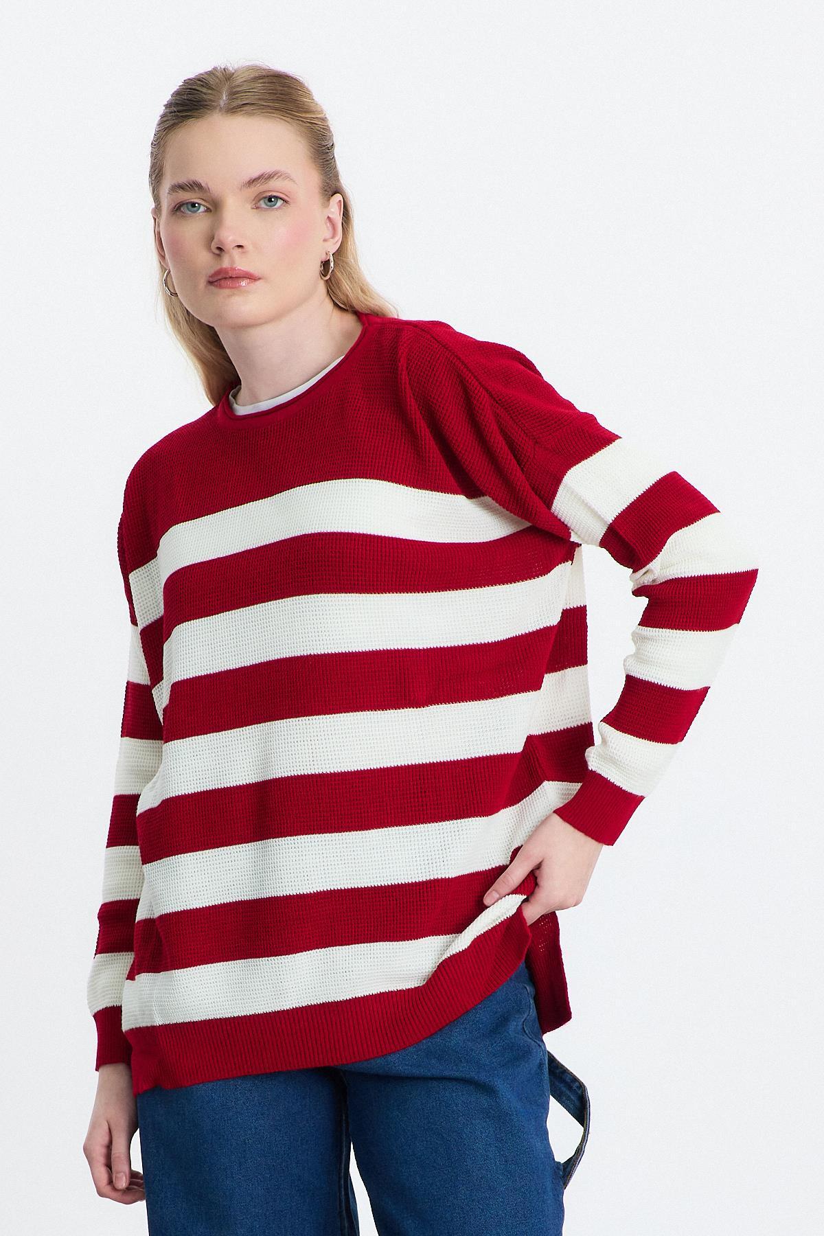 Bisiklet Yaka Çizgili Tunik 5380 Kırmızı - RAYS