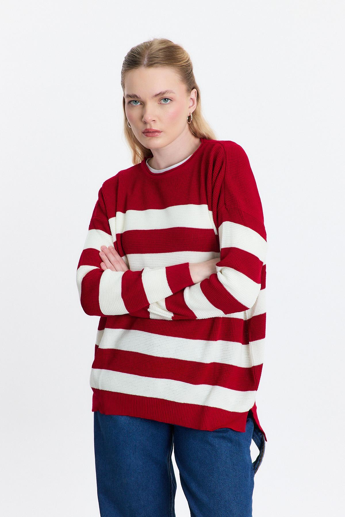 Bisiklet Yaka Çizgili Tunik 5380 Kırmızı - RAYS