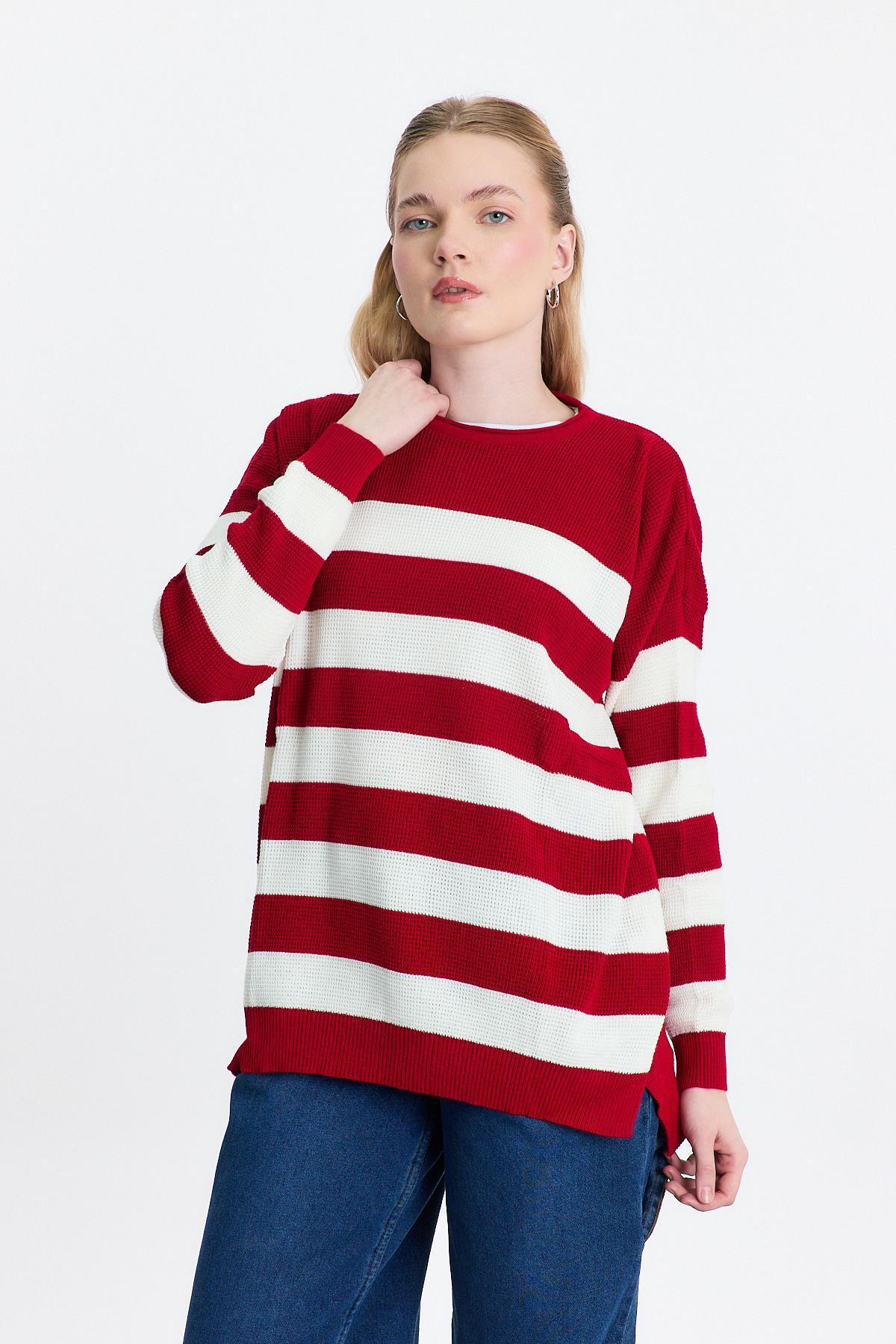 Bisiklet Yaka Çizgili Tunik 5380 Kırmızı - 7