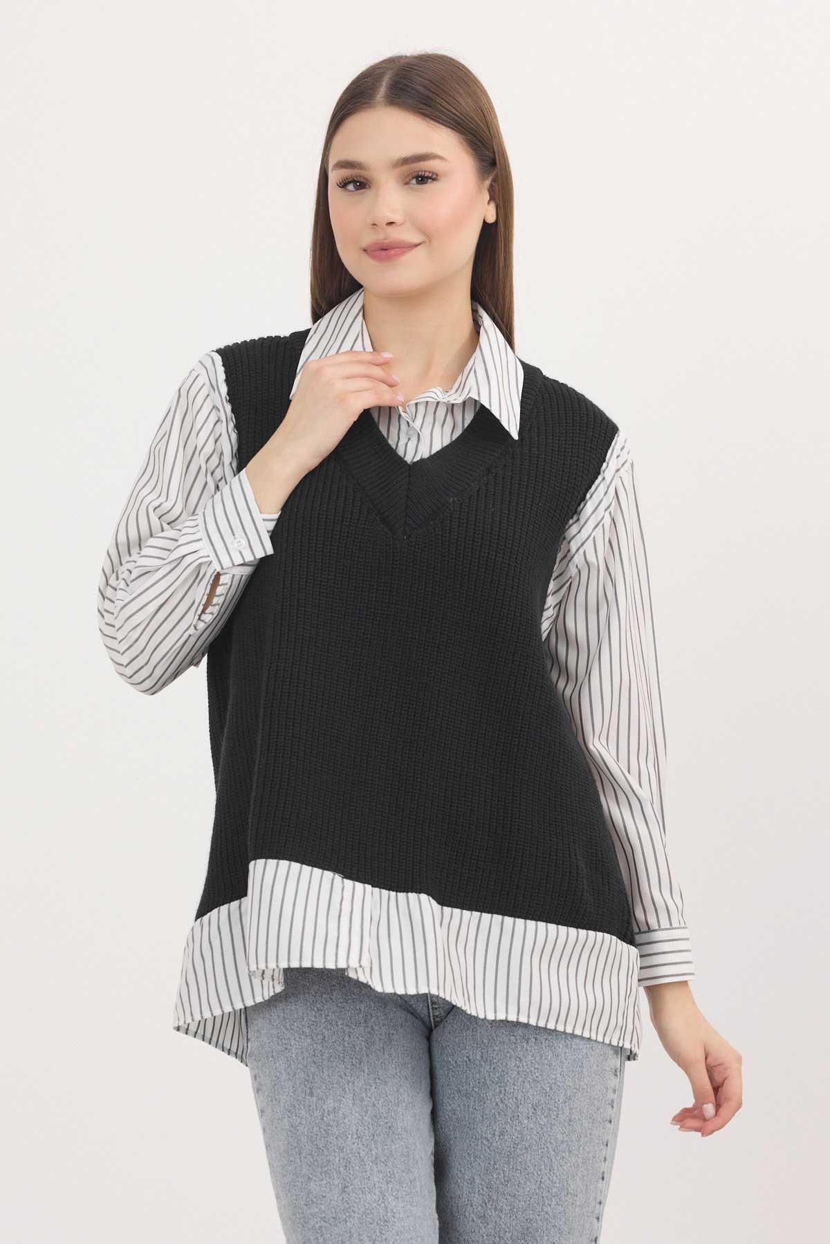 Siyah-Beyaz Gömlek Detay Kazak 5395 - 1